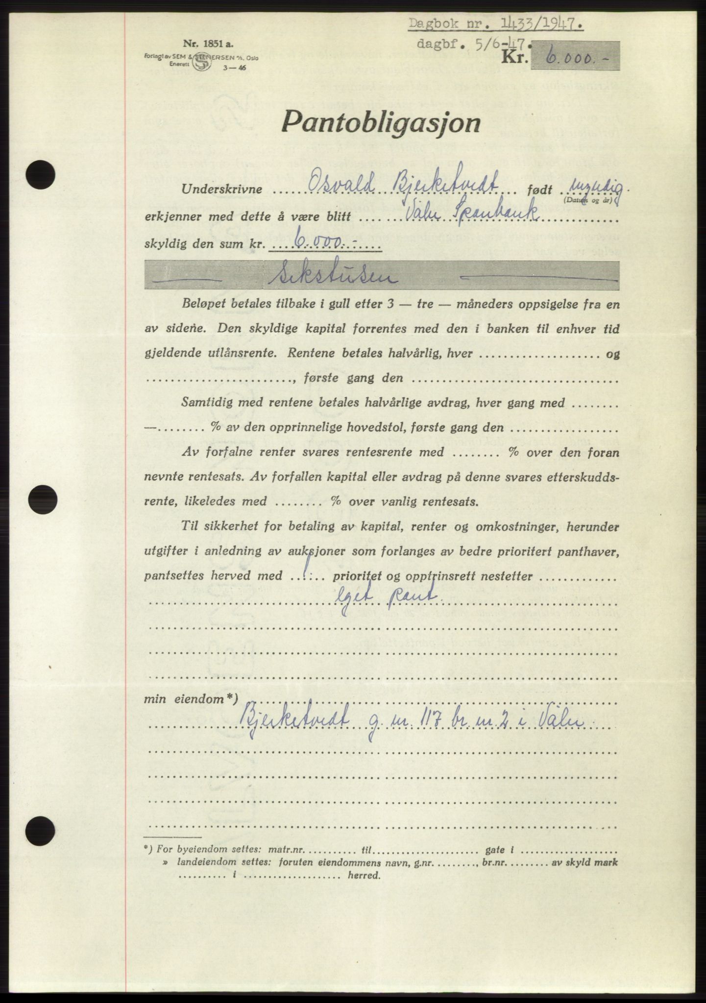 Moss sorenskriveri, SAO/A-10168: Pantebok nr. B17, 1947-1947, Dagboknr: 1433/1947