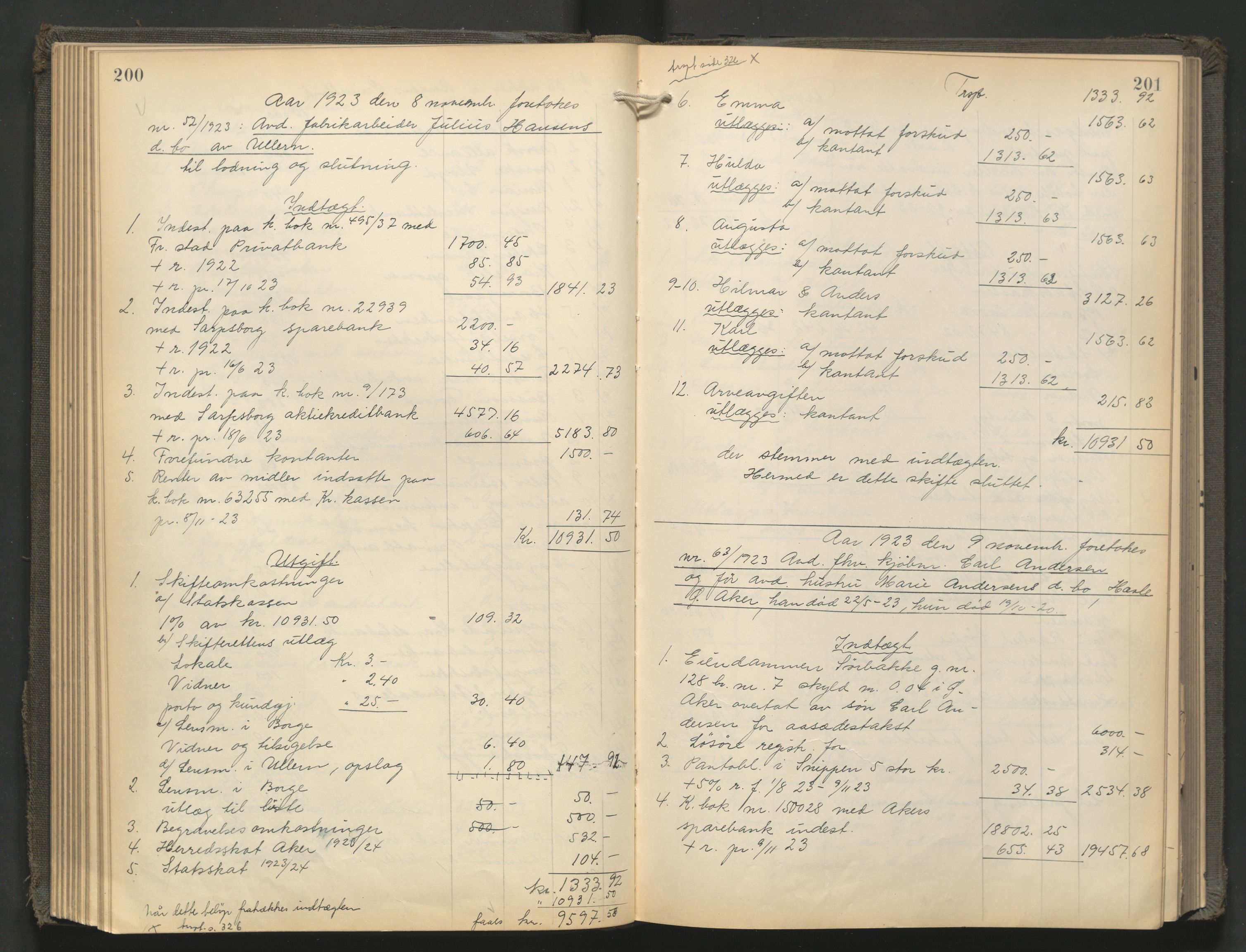 Aker kriminaldommer, skifte- og auksjonsforvalterembete, AV/SAO-A-10452/H/He/L0007: Utlodningsprotokoll, 1923-1925, s. 200-201