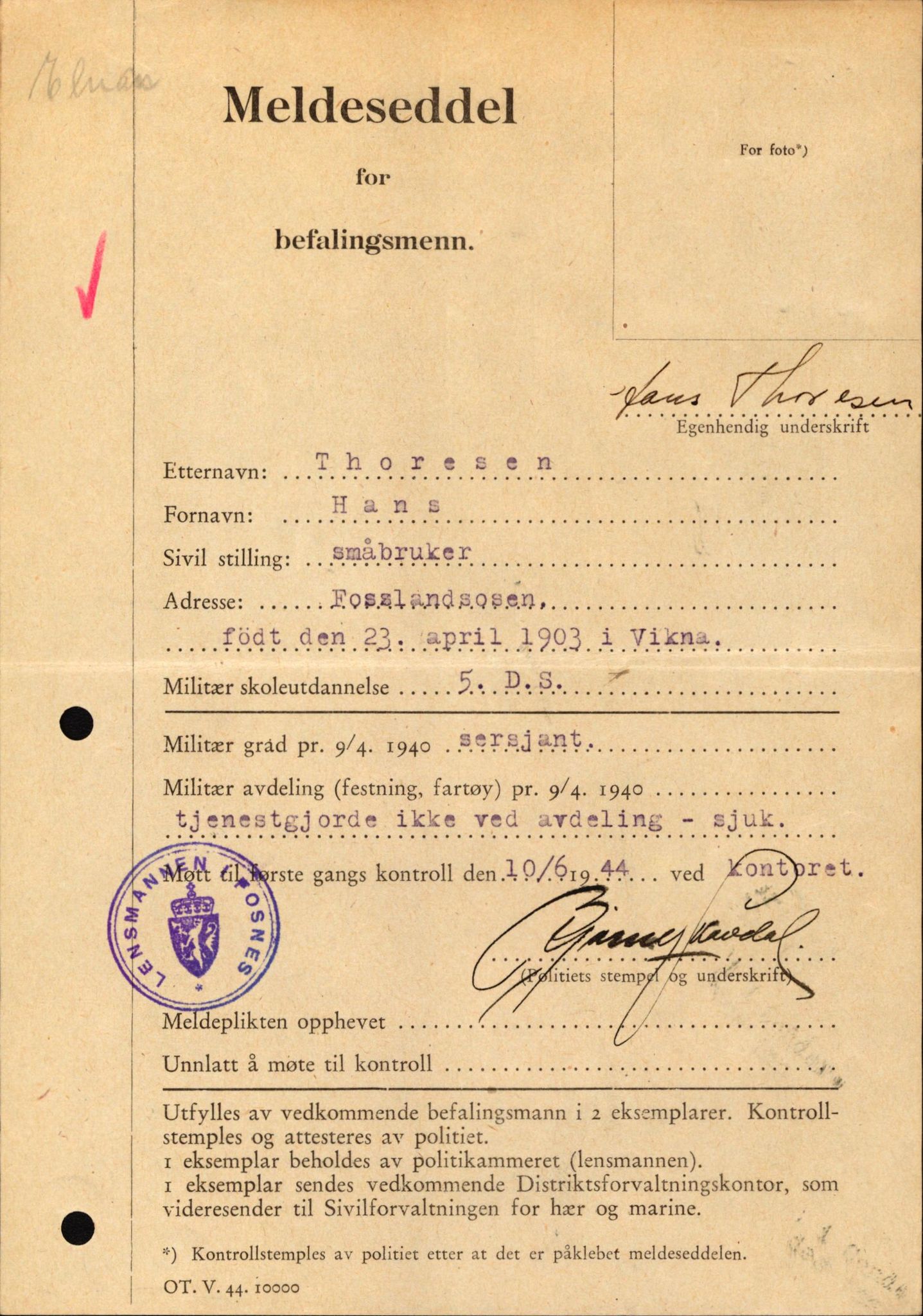 Forsvaret, Forsvarets krigshistoriske avdeling, AV/RA-RAFA-2017/Y/Yf/L0209: II-C-11-2121  -  Okkupasjonstiden.  Meldesedler for befal med foto og oppl. om militær grad 9. apr. 1940., 1944-1945, s. 1089