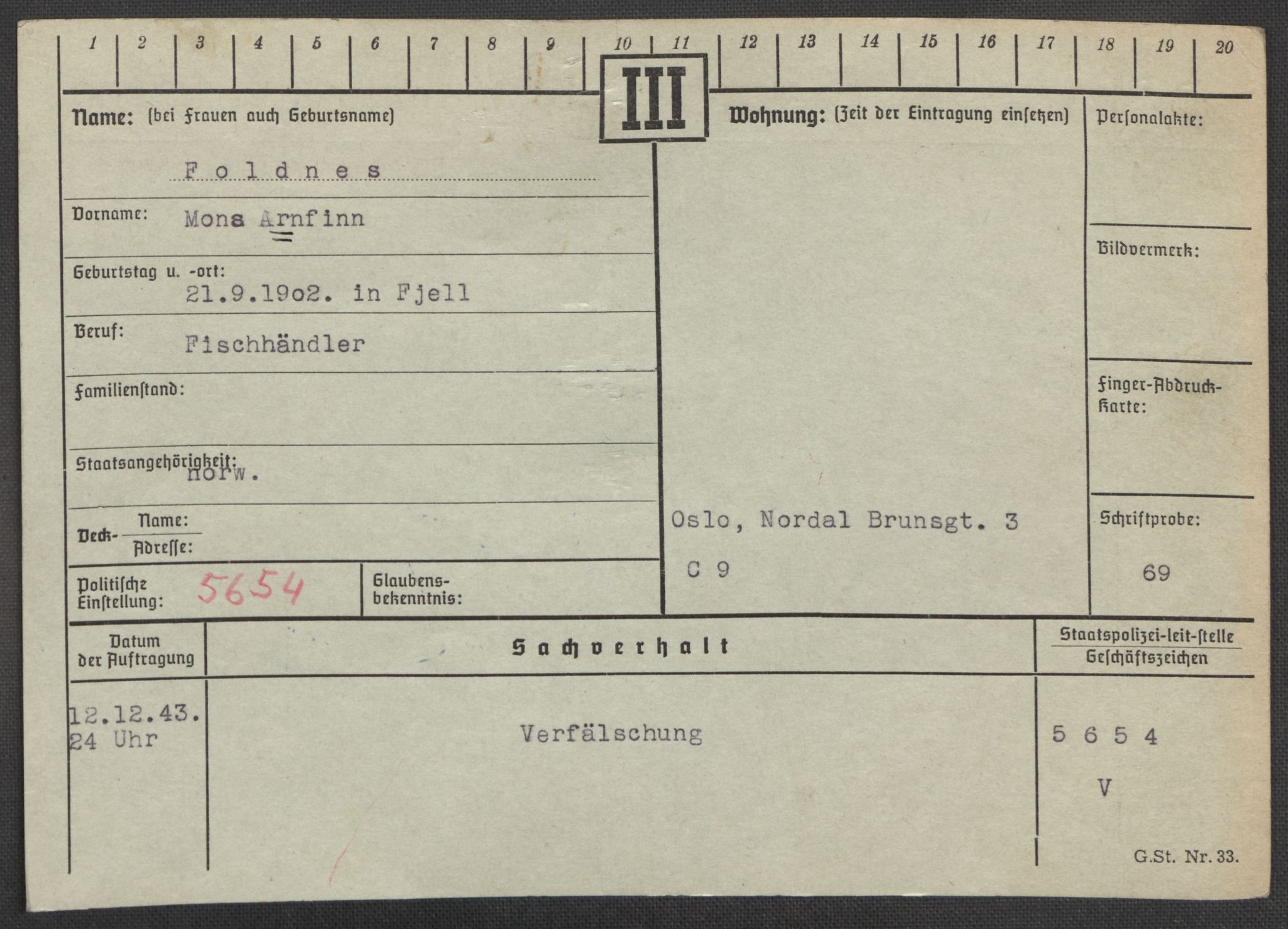 Befehlshaber der Sicherheitspolizei und des SD, RA/RAFA-5969/E/Ea/Eaa/L0003: Register over norske fanger i Møllergata 19: Eng-Hag, 1940-1945, s. 438