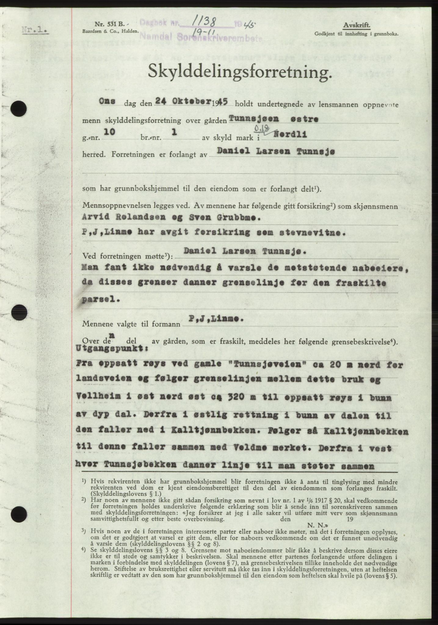 Namdal sorenskriveri, SAT/A-4133/1/2/2C: Pantebok nr. -, 1944-1945, Dagboknr: 1138/1945