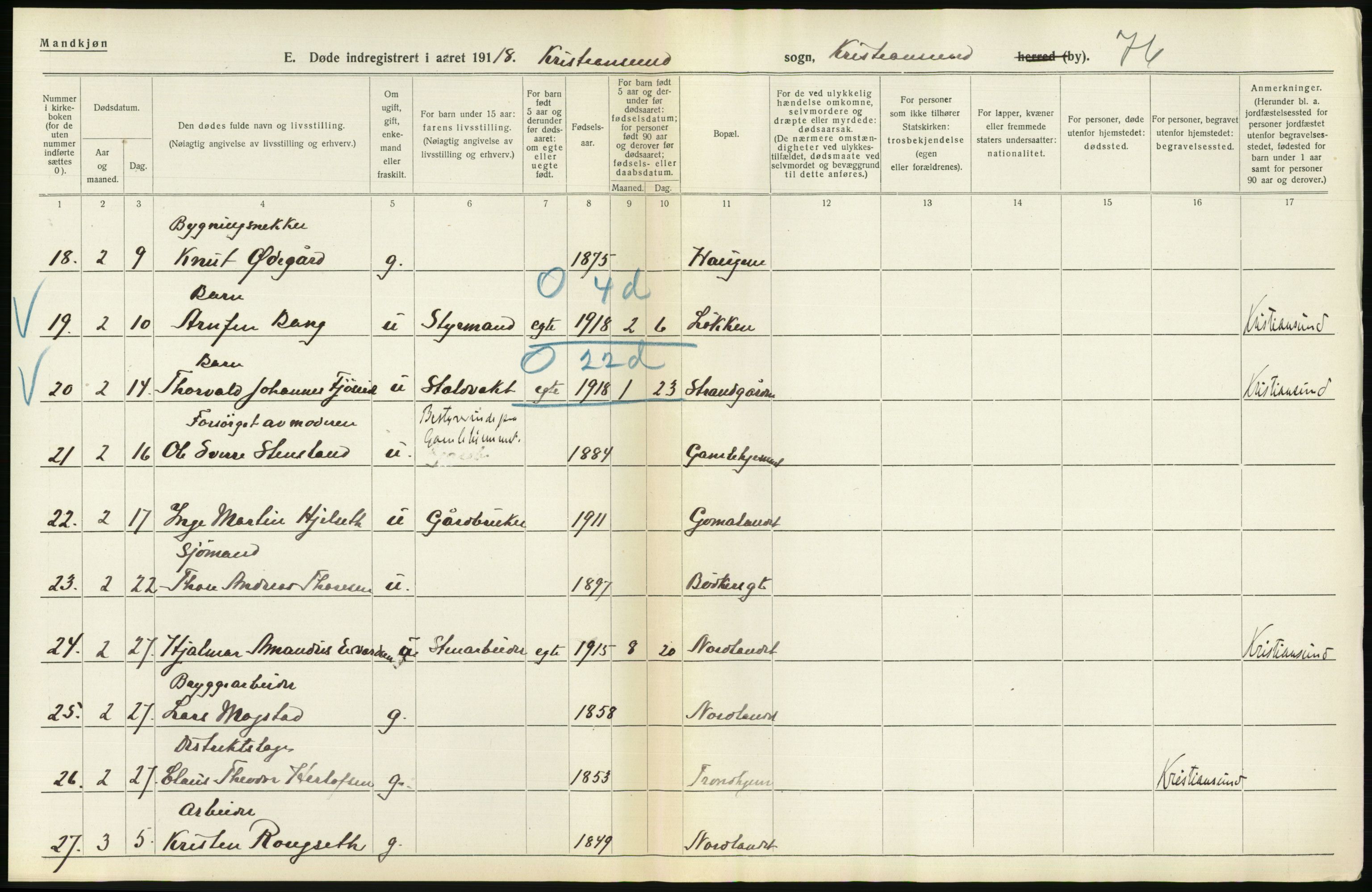 Statistisk sentralbyrå, Sosiodemografiske emner, Befolkning, AV/RA-S-2228/D/Df/Dfb/Dfbh/L0045: Møre fylke: Døde. Bygder og byer., 1918, s. 632