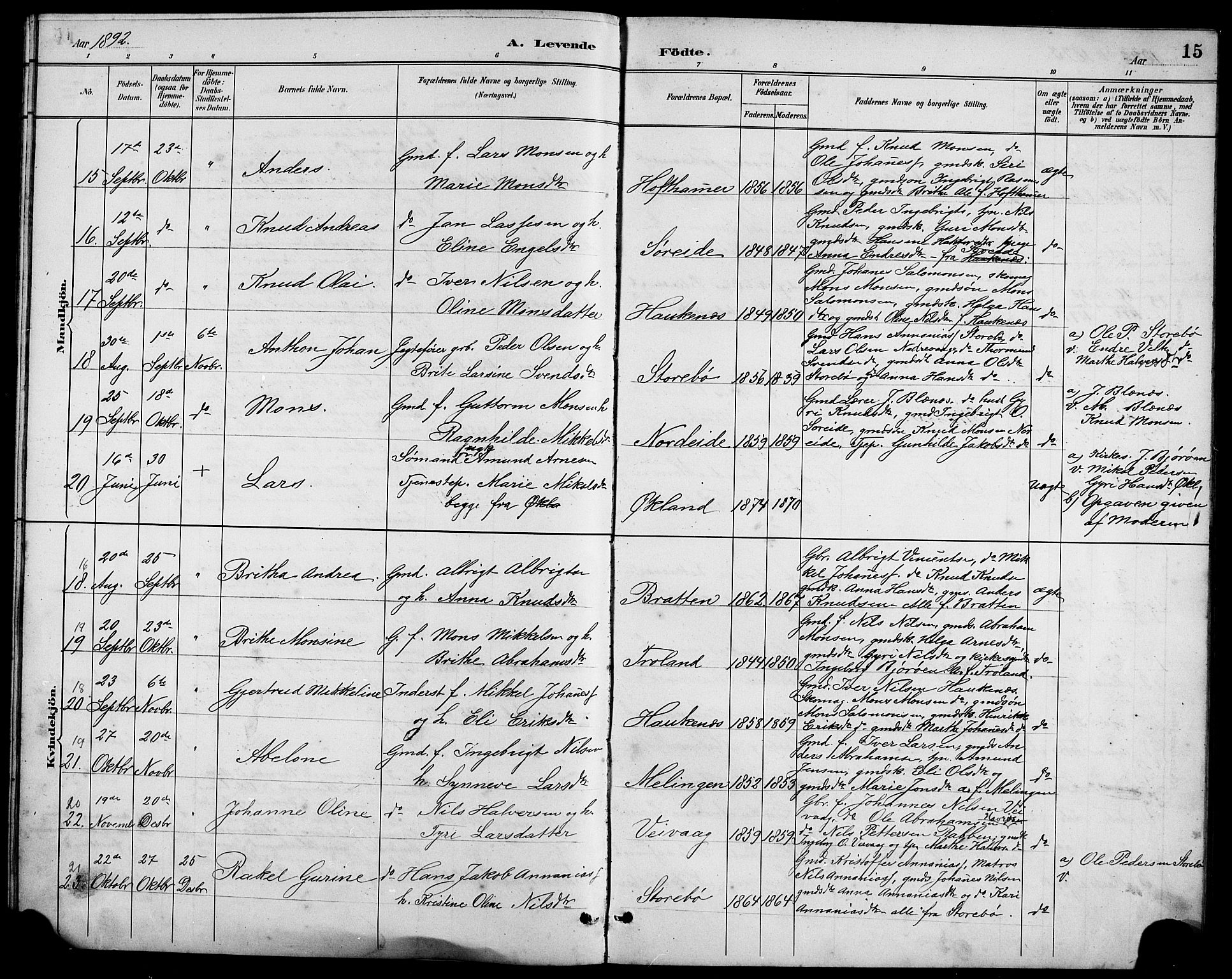 Austevoll sokneprestembete, AV/SAB-A-74201/H/Ha/Hab/Haba/L0003: Klokkerbok nr. A 3, 1889-1900, s. 15