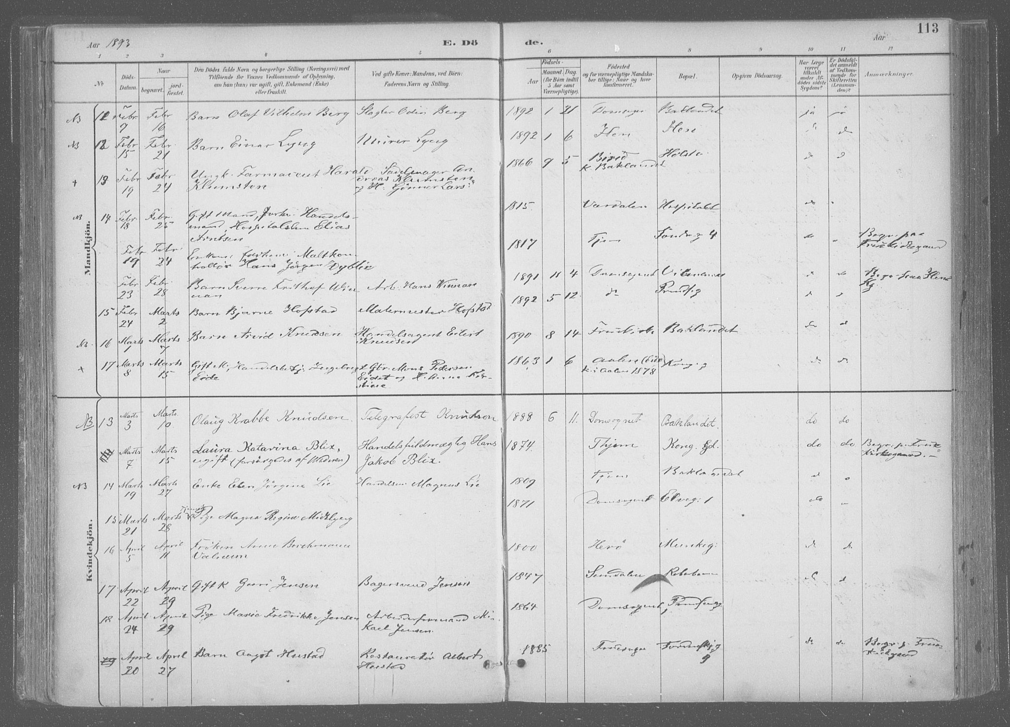 Ministerialprotokoller, klokkerbøker og fødselsregistre - Sør-Trøndelag, SAT/A-1456/601/L0064: Ministerialbok nr. 601A31, 1891-1911, s. 113