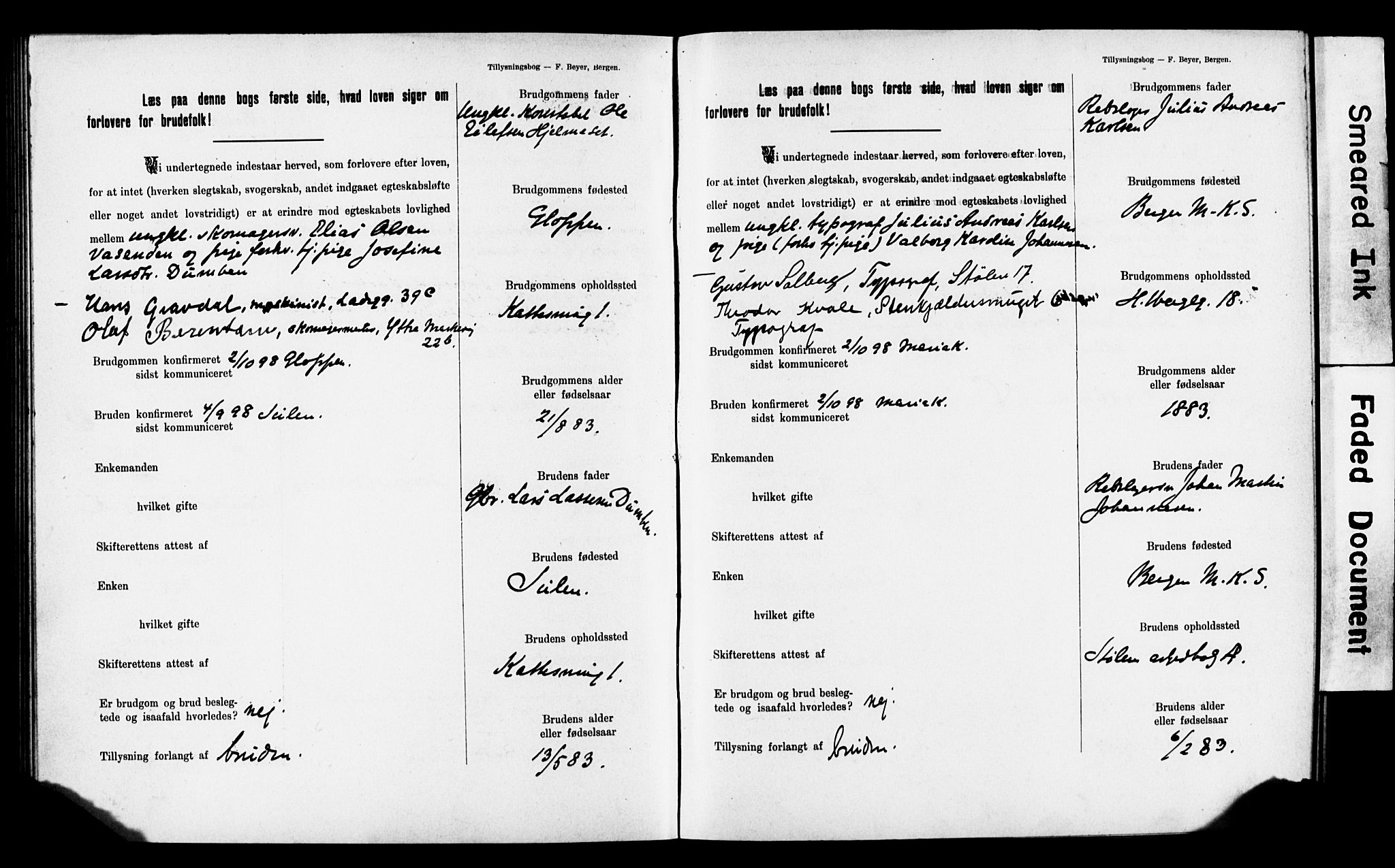 Mariakirken Sokneprestembete, SAB/A-76901: Forlovererklæringer nr. II.5.2, 1901-1909, s. 169