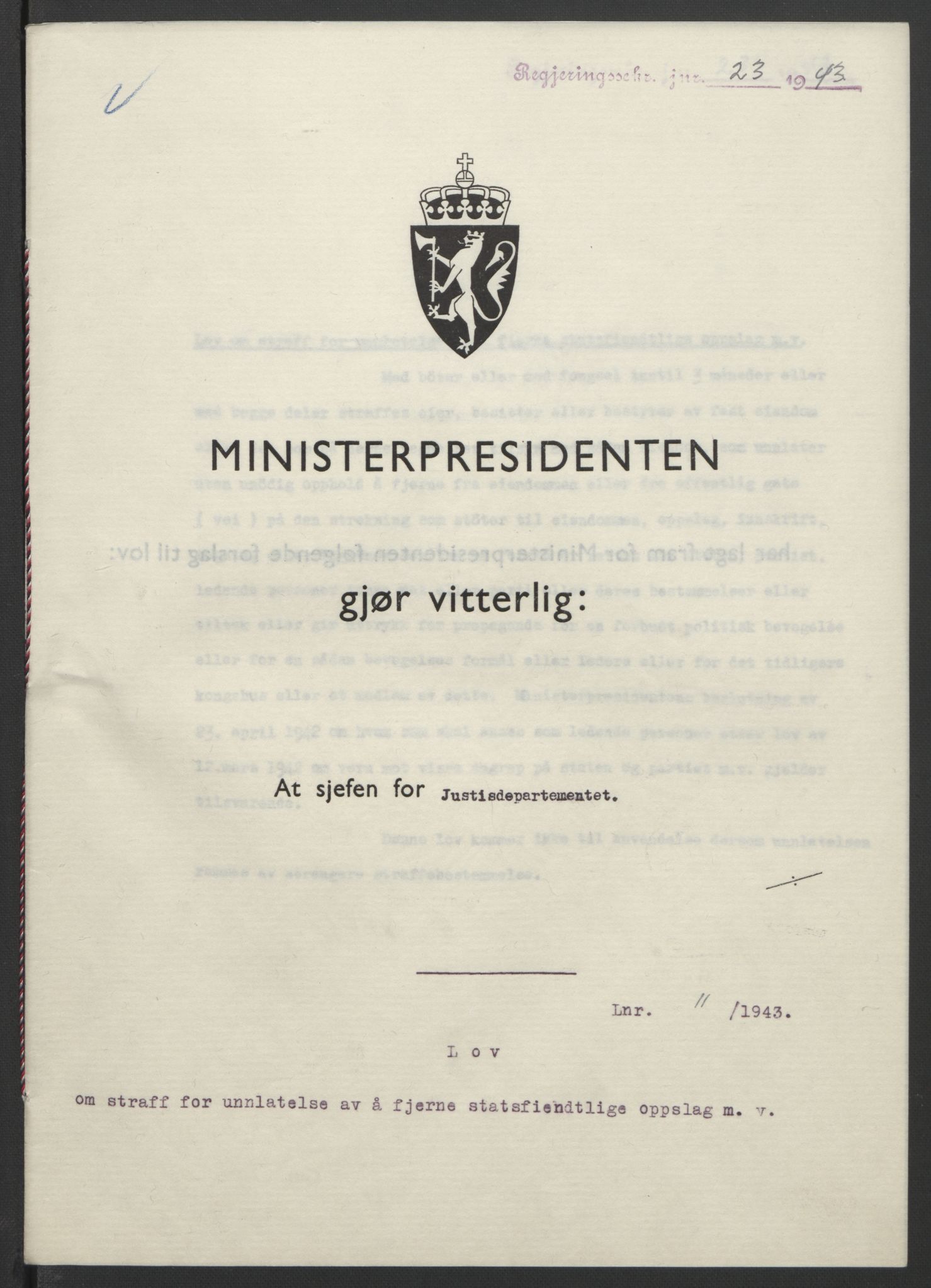 NS-administrasjonen 1940-1945 (Statsrådsekretariatet, de kommisariske statsråder mm), AV/RA-S-4279/D/Db/L0099: Lover, 1943, s. 44