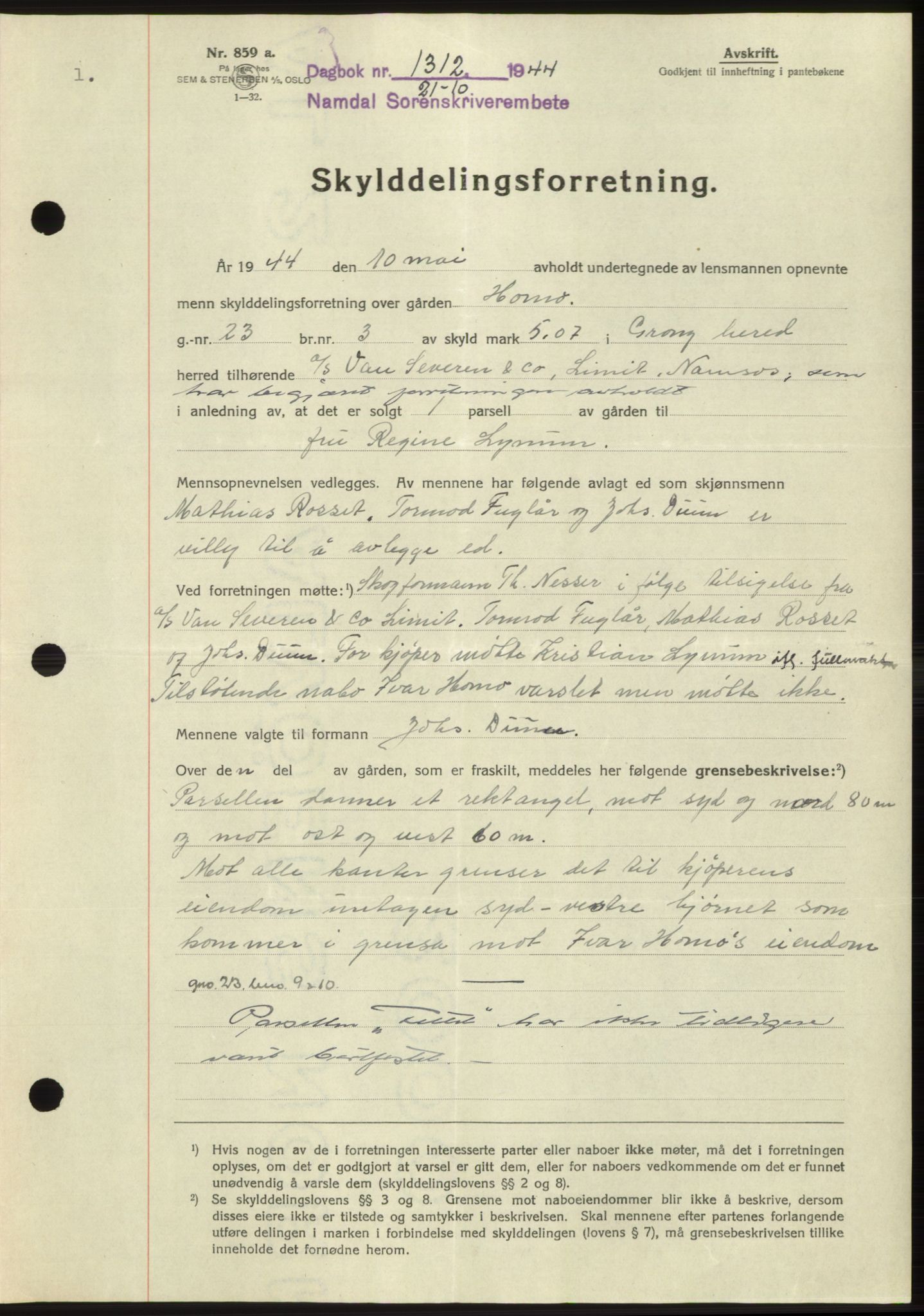 Namdal sorenskriveri, SAT/A-4133/1/2/2C: Pantebok nr. -, 1944-1945, Dagboknr: 1312/1944