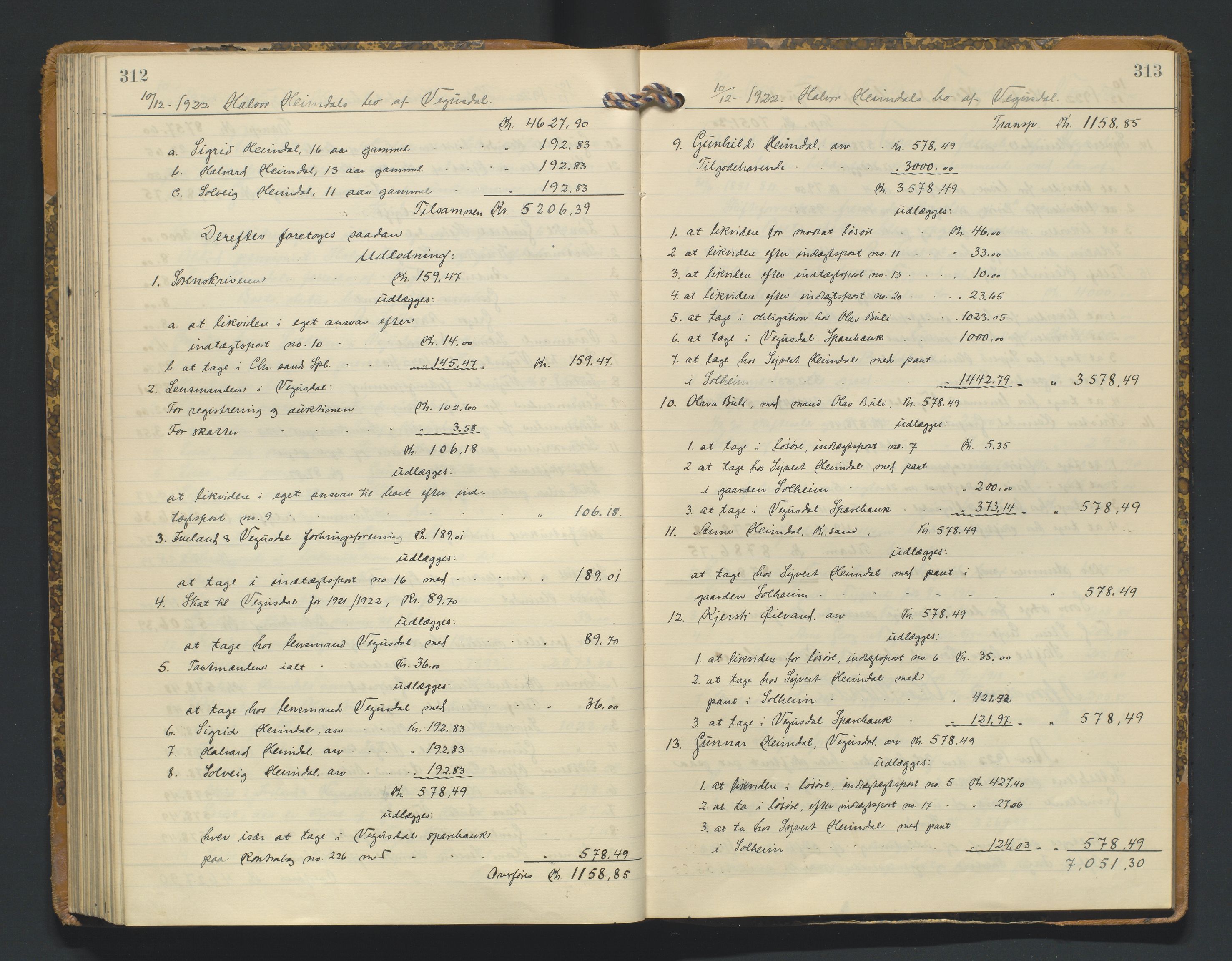 Setesdal sorenskriveri, SAK/1221-0011/H/Hc/L0050: Skifteutlodningsprotokoll nr 4, med register, 1914-1924, s. 312-313