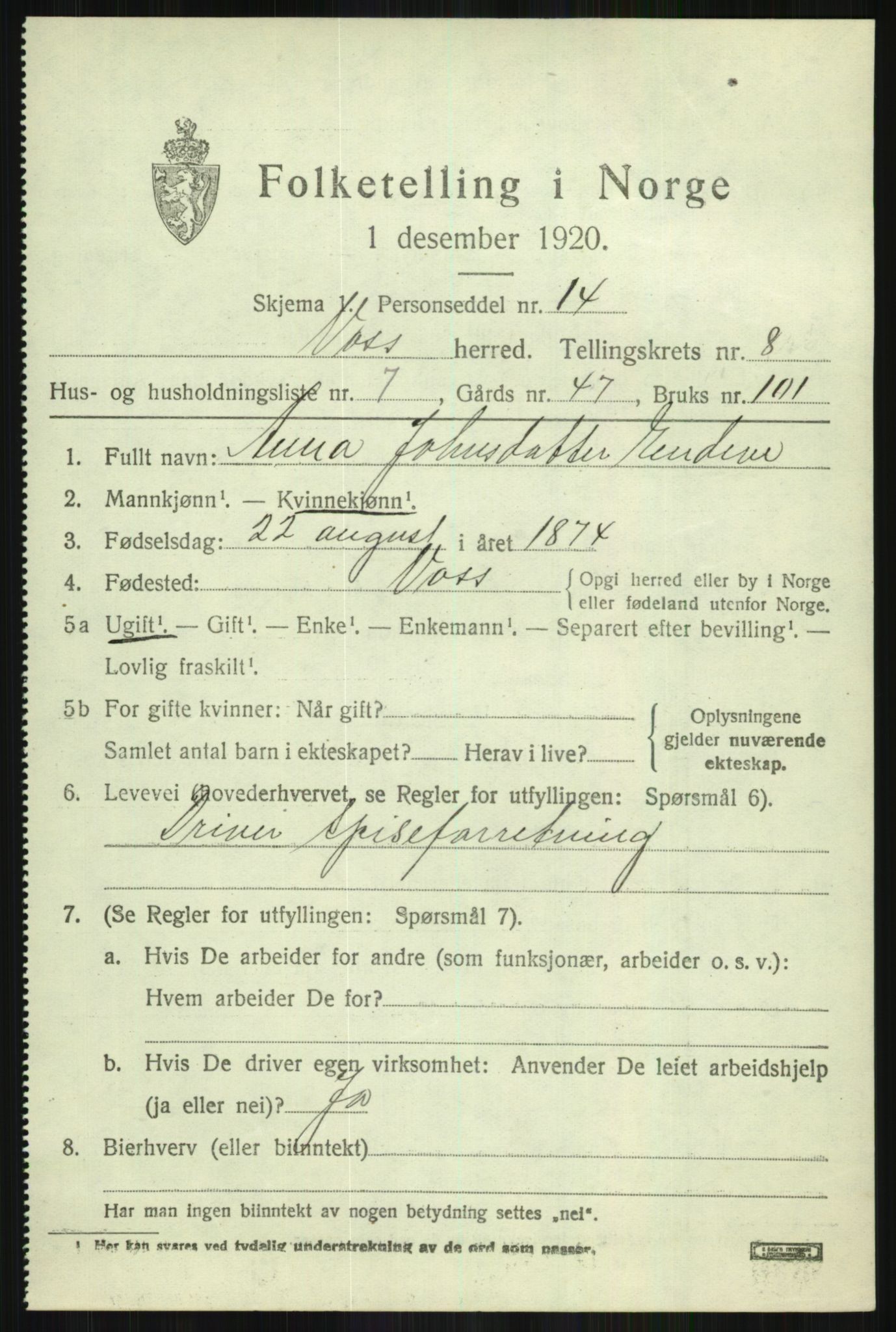 SAB, Folketelling 1920 for 1235 Voss herred, 1920, s. 7805