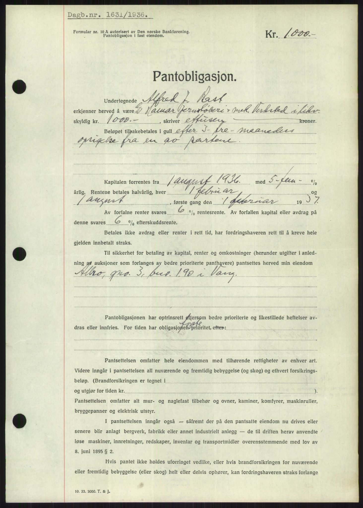 Nord-Hedmark sorenskriveri, SAH/TING-012/H/Hb/Hbf/L0001: Pantebok nr. B1, 1936-1936, Dagboknr: 1631/1936