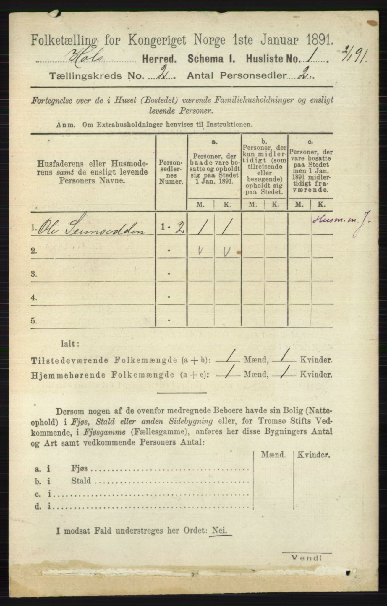 RA, Folketelling 1891 for 0620 Hol herred, 1891, s. 283