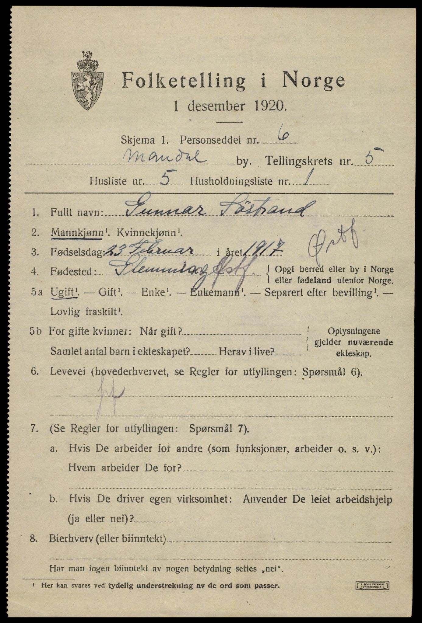 SAK, Folketelling 1920 for 1002 Mandal ladested, 1920, s. 8245