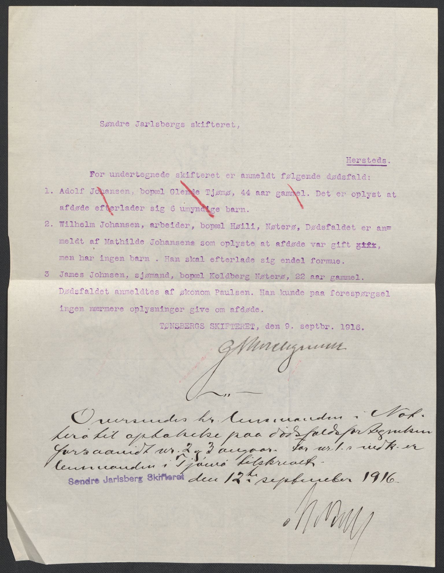 Nøtterøy lensmannskontor, AV/SAKO-A-540/H/Ha/L0003: Dødsfallsprotokoll, 1911-1923