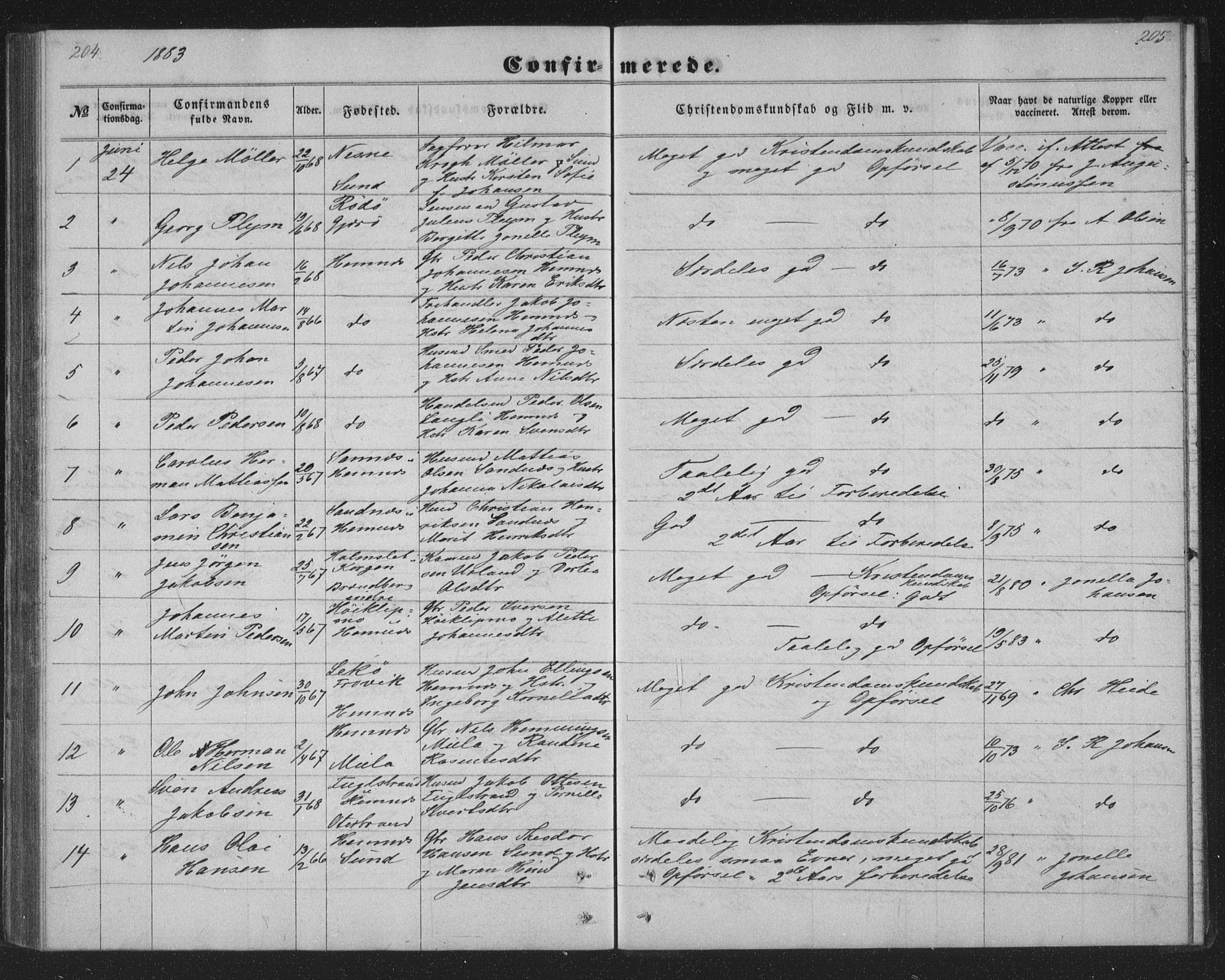 Ministerialprotokoller, klokkerbøker og fødselsregistre - Nordland, AV/SAT-A-1459/825/L0366: Klokkerbok nr. 825C03, 1858-1884, s. 204-205