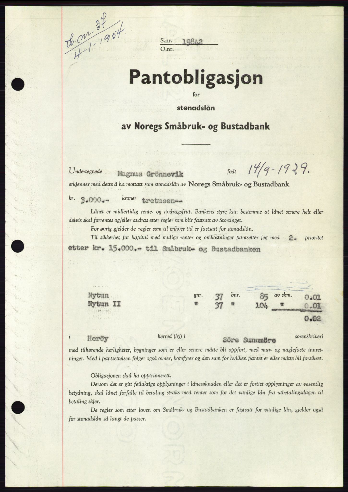 Søre Sunnmøre sorenskriveri, SAT/A-4122/1/2/2C/L0124: Pantebok nr. 12B, 1953-1954, Dagboknr: 37/1954