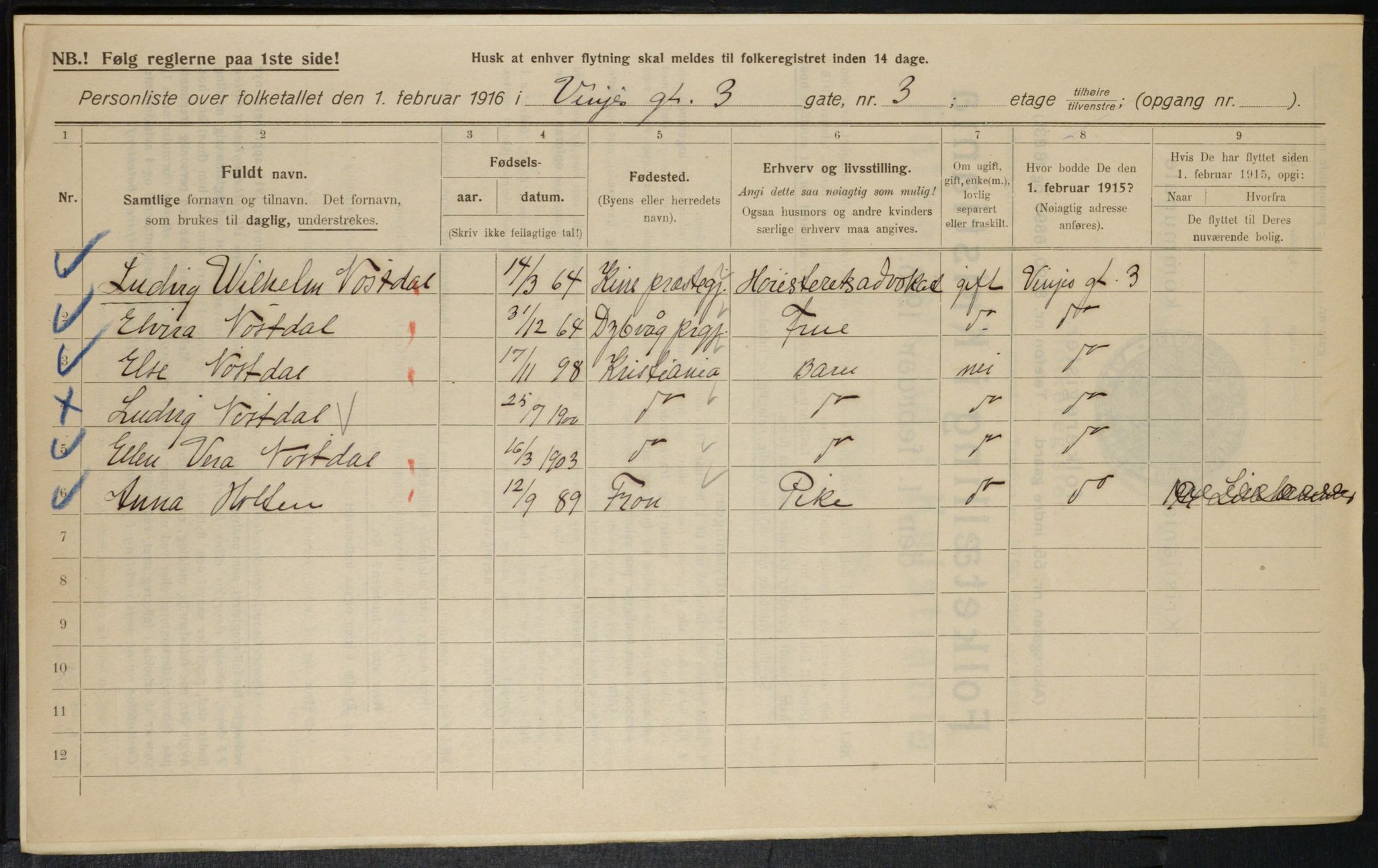 OBA, Kommunal folketelling 1.2.1916 for Kristiania, 1916, s. 127401