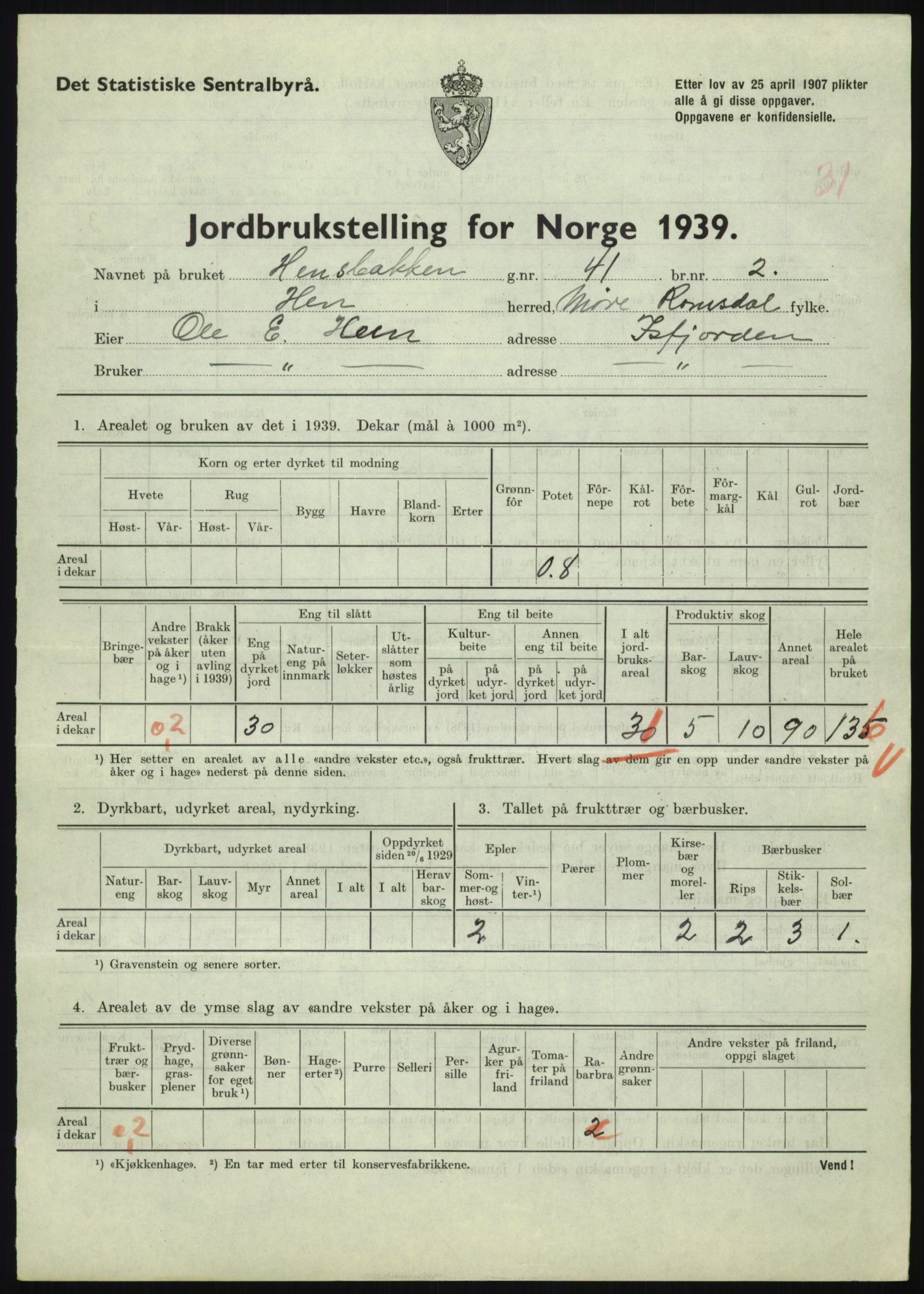 Statistisk sentralbyrå, Næringsøkonomiske emner, Jordbruk, skogbruk, jakt, fiske og fangst, AV/RA-S-2234/G/Gb/L0251: Møre og Romsdal: Voll, Eid, Grytten og Hen, 1939, s. 1209