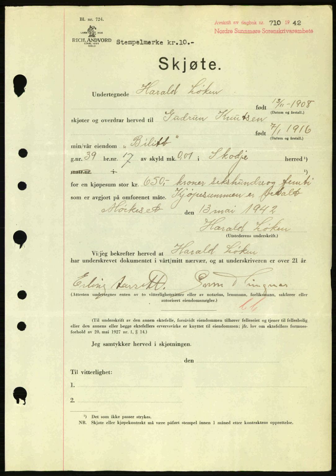 Nordre Sunnmøre sorenskriveri, AV/SAT-A-0006/1/2/2C/2Ca: Pantebok nr. A13, 1942-1942, Dagboknr: 710/1942