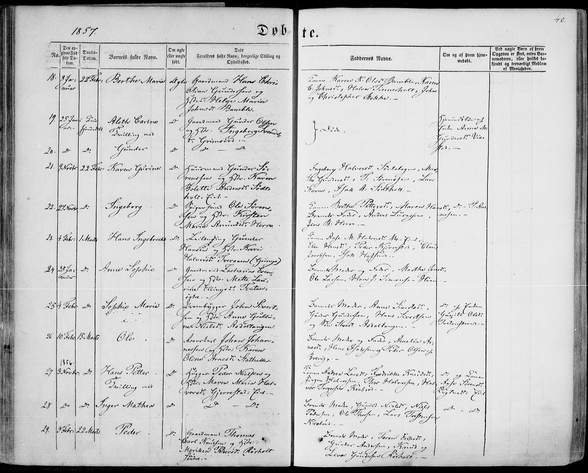 Bamble kirkebøker, AV/SAKO-A-253/F/Fa/L0005: Ministerialbok nr. I 5, 1854-1869, s. 40