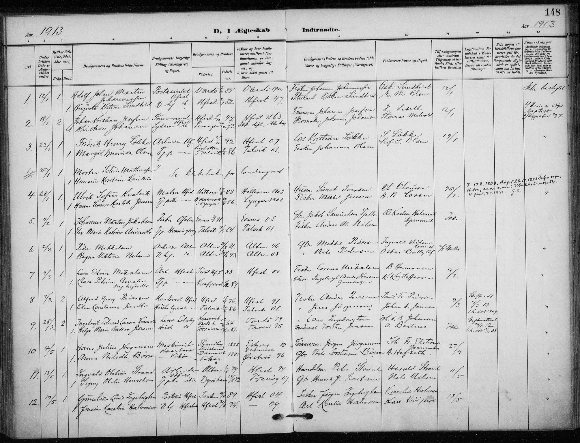 Hammerfest sokneprestkontor, AV/SATØ-S-1347/H/Ha/L0014.kirke: Ministerialbok nr. 14, 1906-1916, s. 148