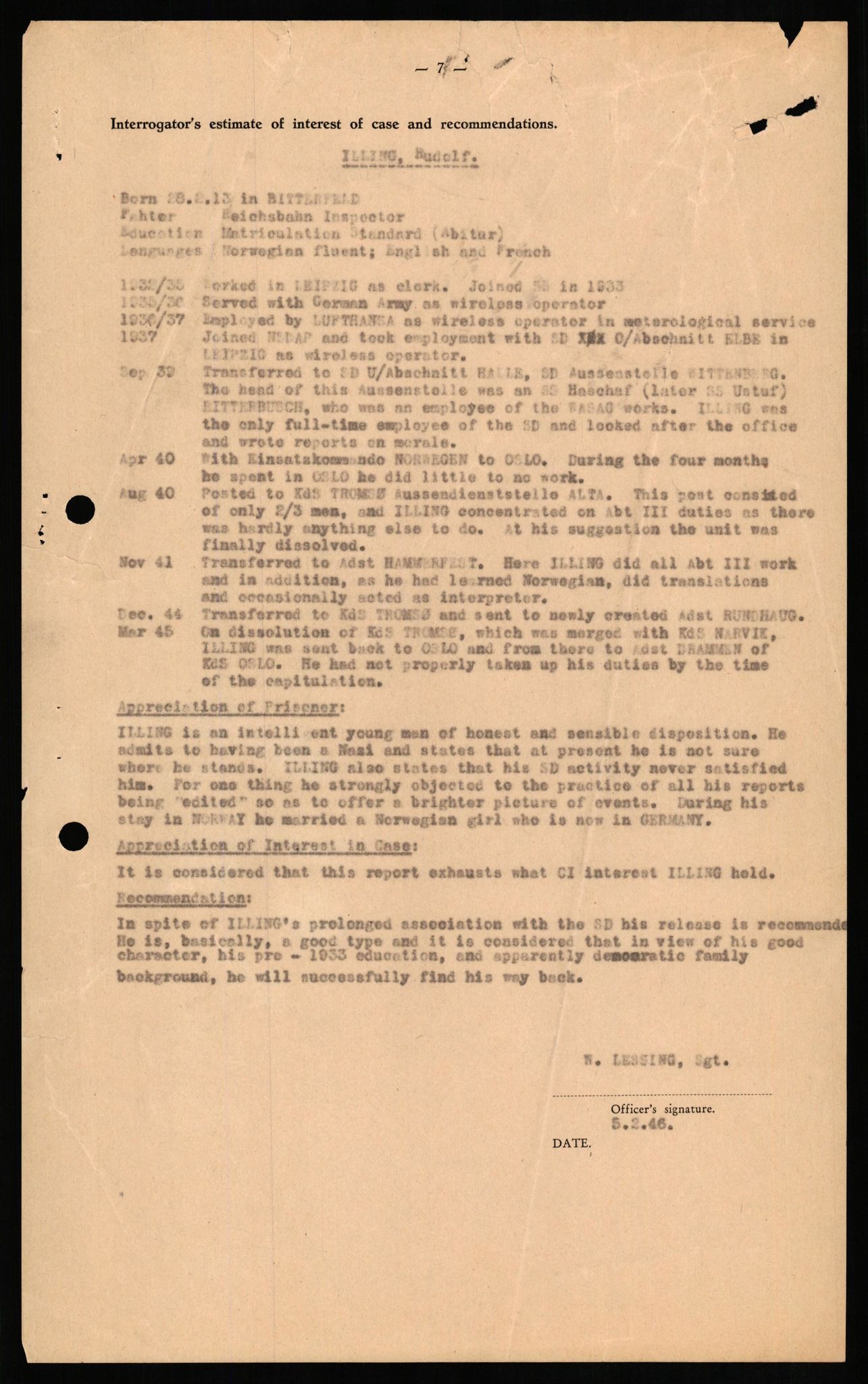 Forsvaret, Forsvarets overkommando II, RA/RAFA-3915/D/Db/L0014: CI Questionaires. Tyske okkupasjonsstyrker i Norge. Tyskere., 1945-1946, s. 354
