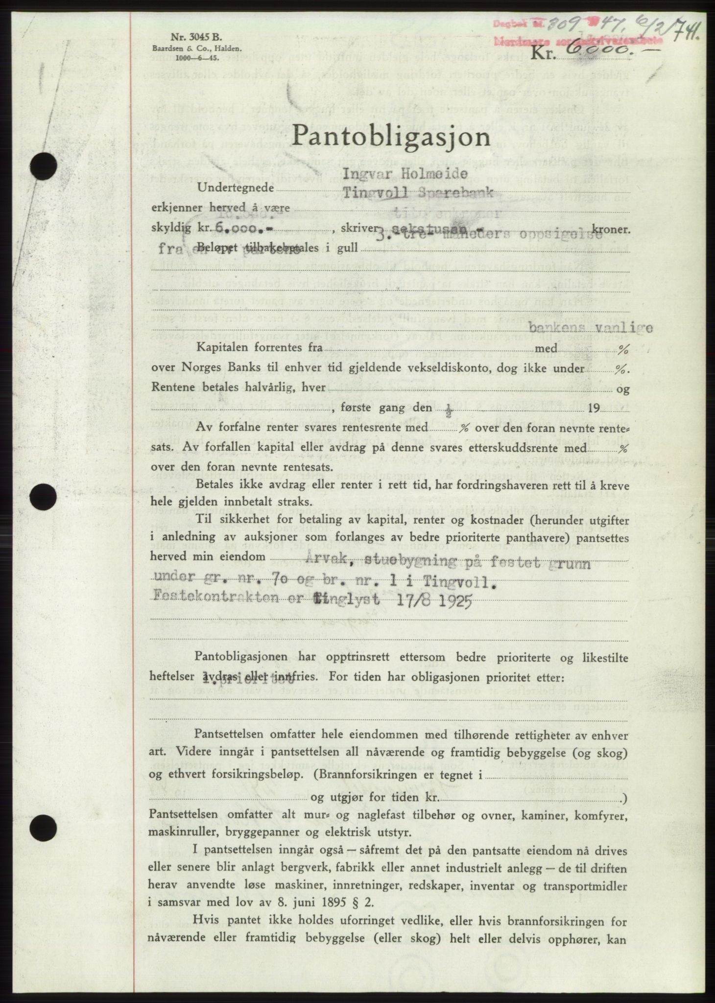 Nordmøre sorenskriveri, SAT/A-4132/1/2/2Ca: Pantebok nr. B95, 1946-1947, Dagboknr: 309/1947