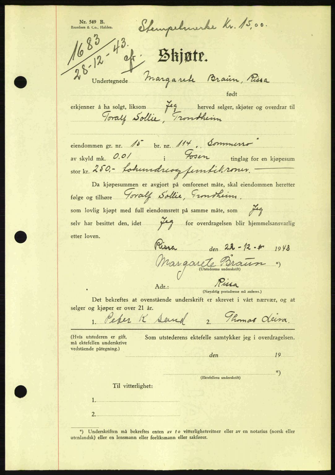 Fosen sorenskriveri, AV/SAT-A-1107/1/2/2C: Pantebok nr. A3, 1943-1945, Dagboknr: 1683/1943