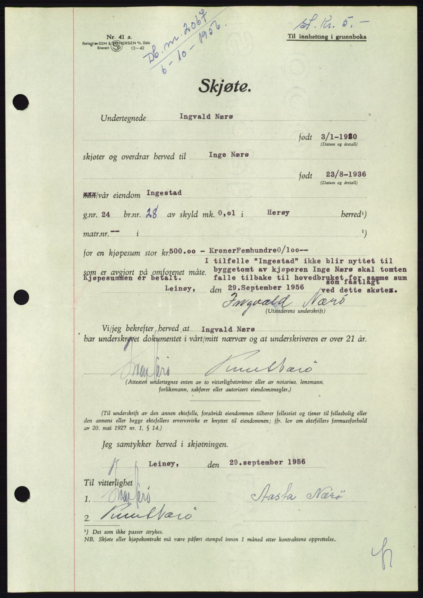 Søre Sunnmøre sorenskriveri, AV/SAT-A-4122/1/2/2C/L0104: Pantebok nr. 30A, 1956-1956, Dagboknr: 2067/1956