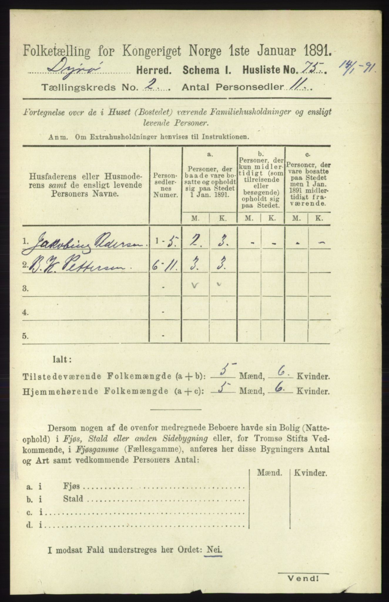 RA, Folketelling 1891 for 1926 Dyrøy herred, 1891, s. 527