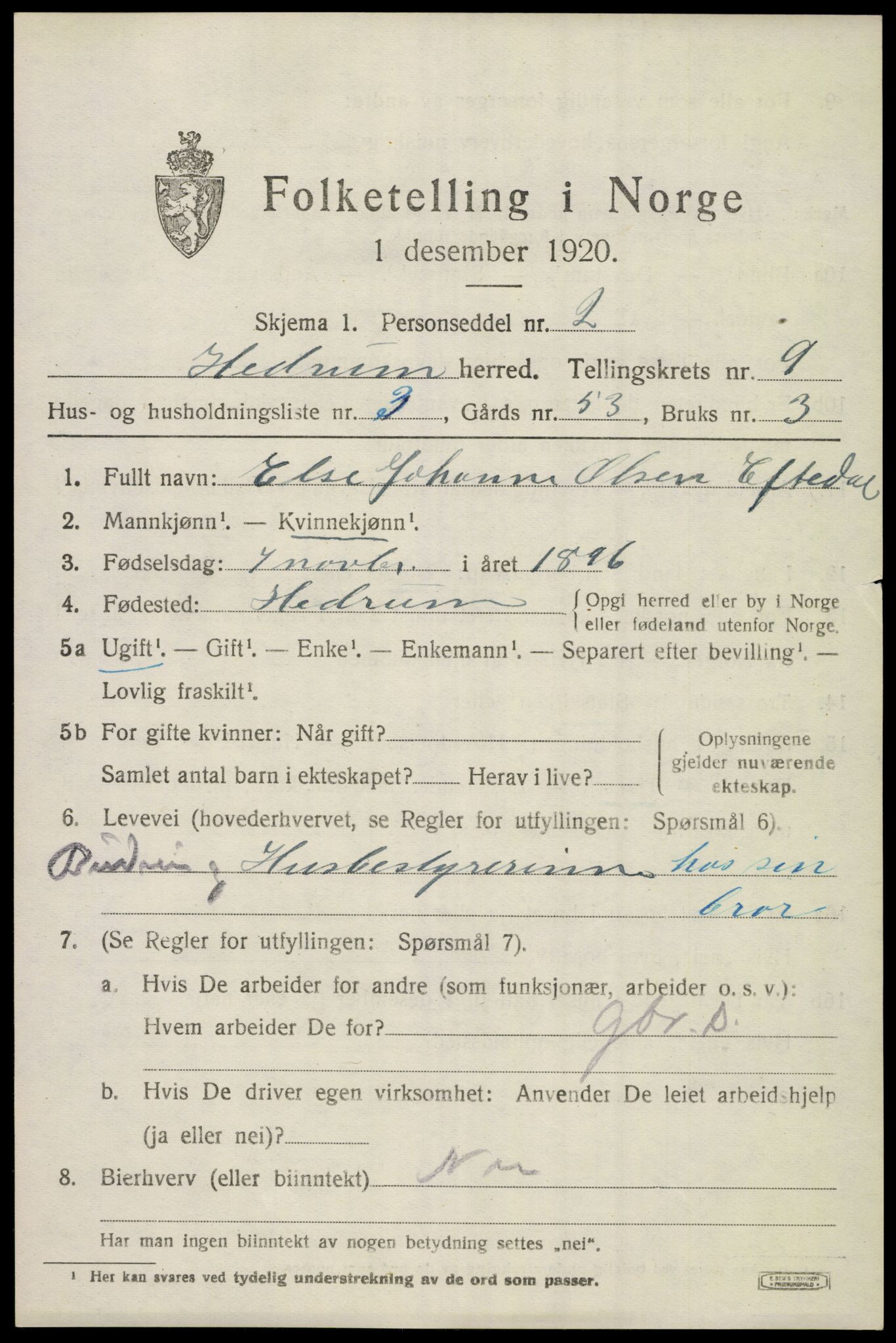SAKO, Folketelling 1920 for 0727 Hedrum herred, 1920, s. 6827