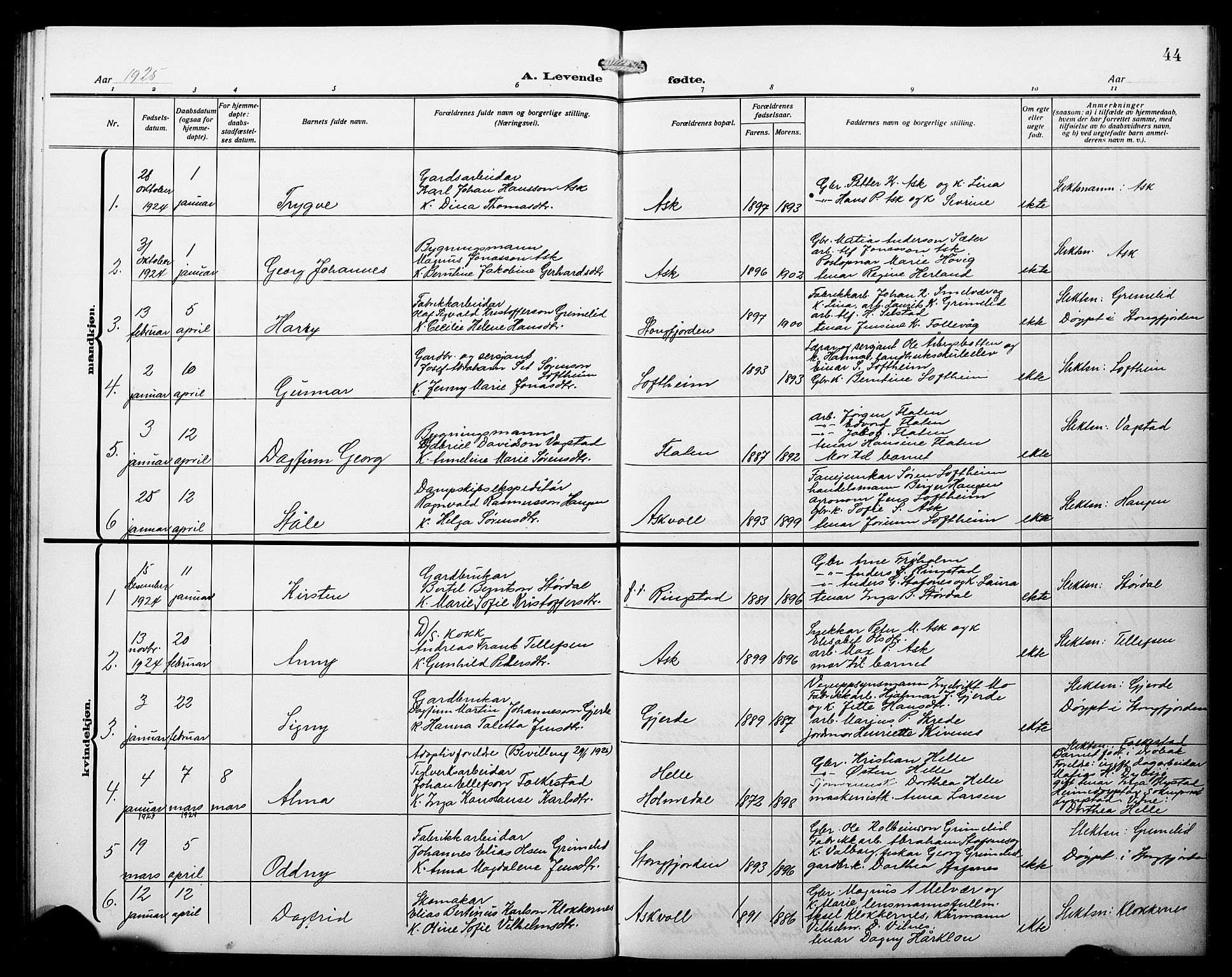 Askvoll sokneprestembete, AV/SAB-A-79501/H/Hab/Haba/L0004: Klokkerbok nr. A 4, 1913-1929, s. 44