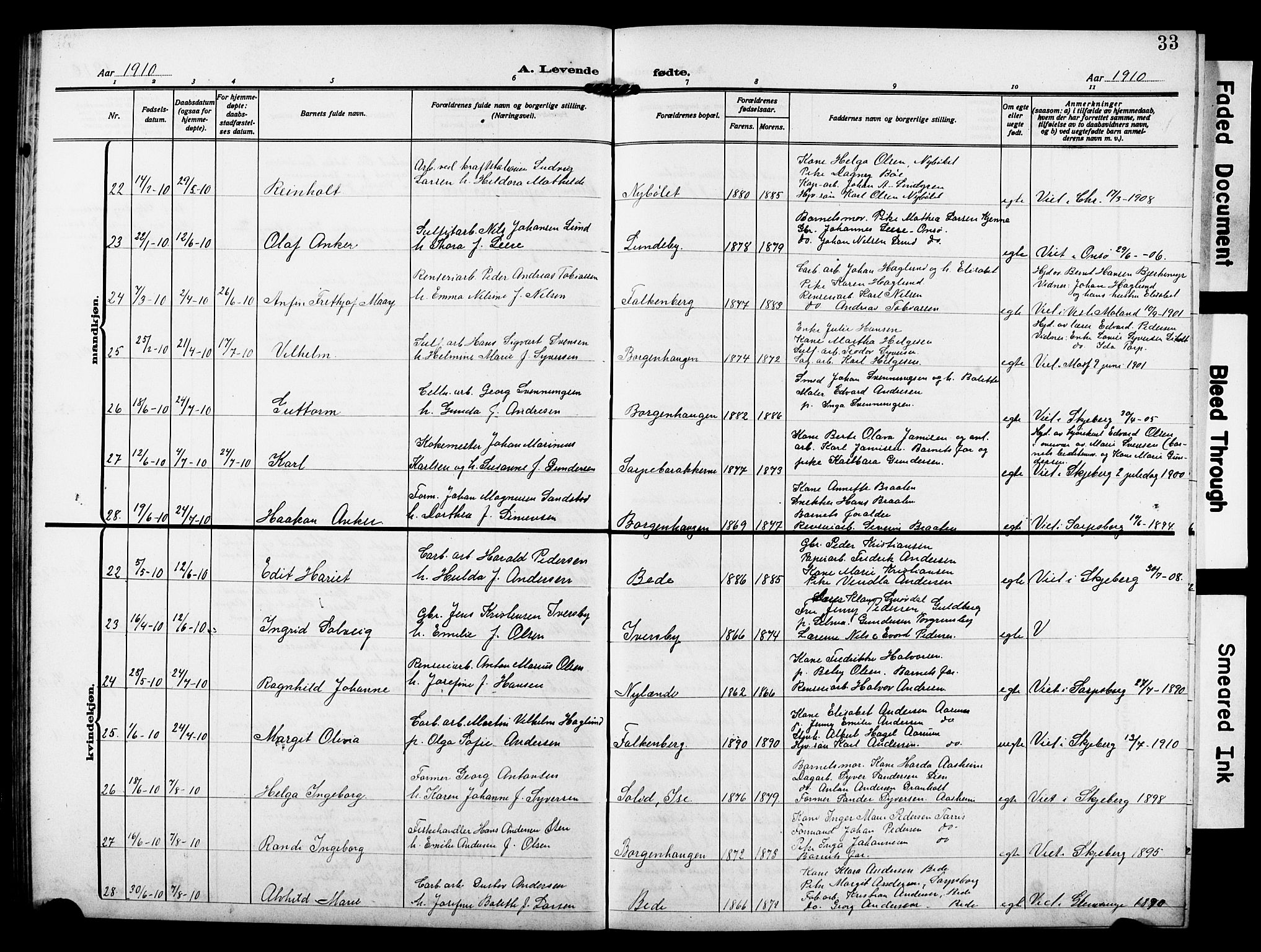 Skjeberg prestekontor Kirkebøker, AV/SAO-A-10923/G/Gd/L0001: Klokkerbok nr. IV 1, 1907-1917, s. 33