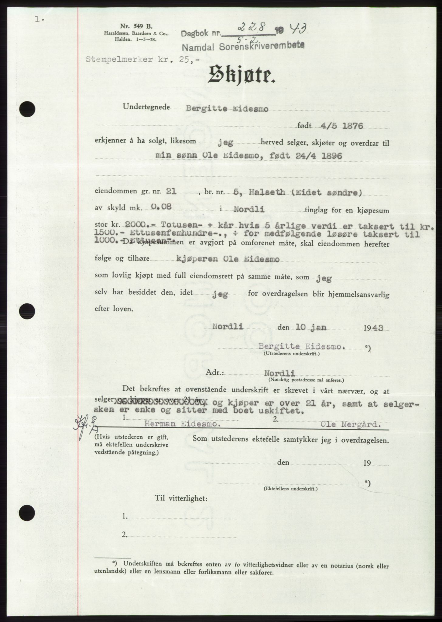 Namdal sorenskriveri, SAT/A-4133/1/2/2C: Pantebok nr. -, 1942-1943, Dagboknr: 228/1943