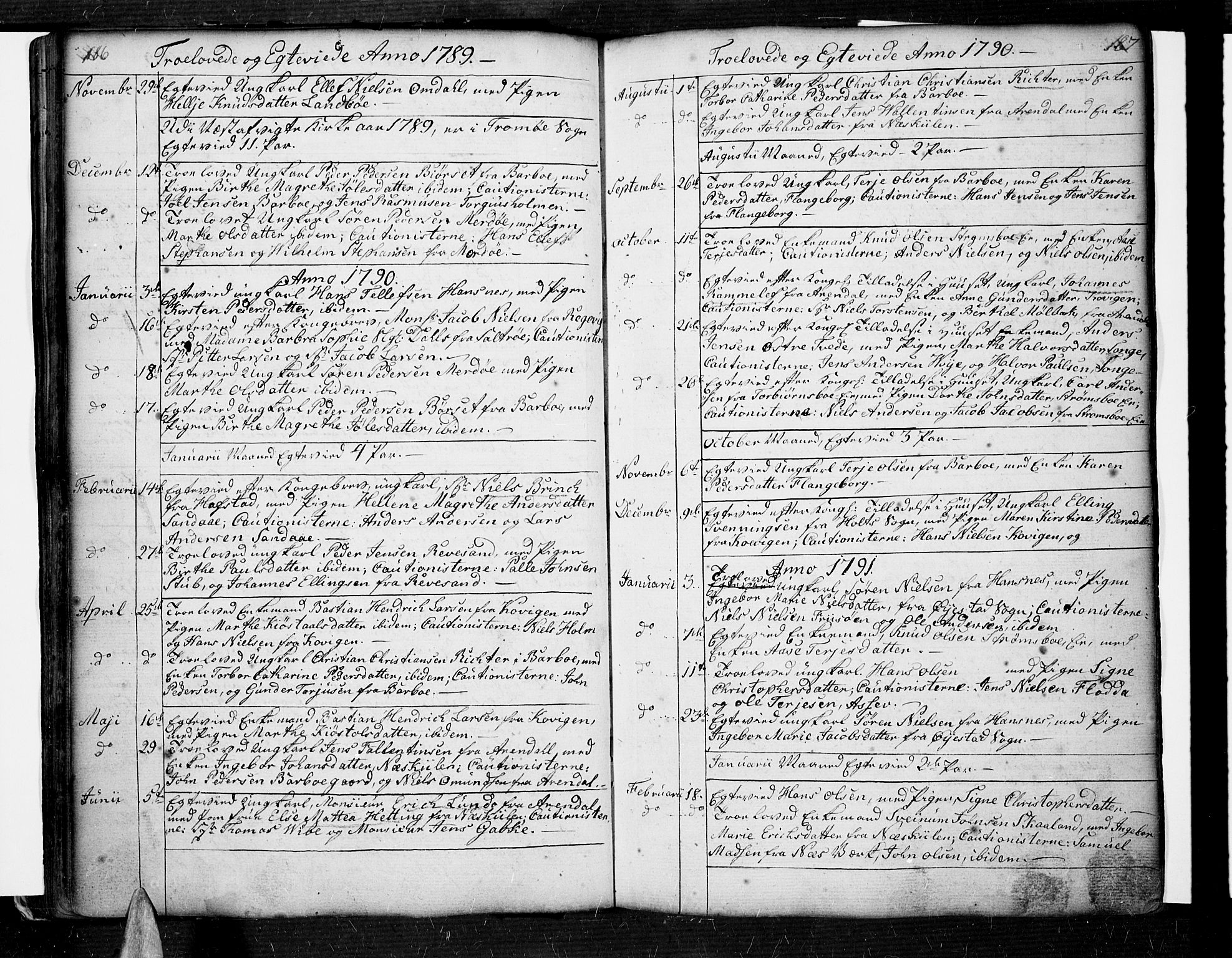 Tromøy sokneprestkontor, AV/SAK-1111-0041/F/Fa/L0002: Ministerialbok nr. A 2, 1773-1808, s. 186-187