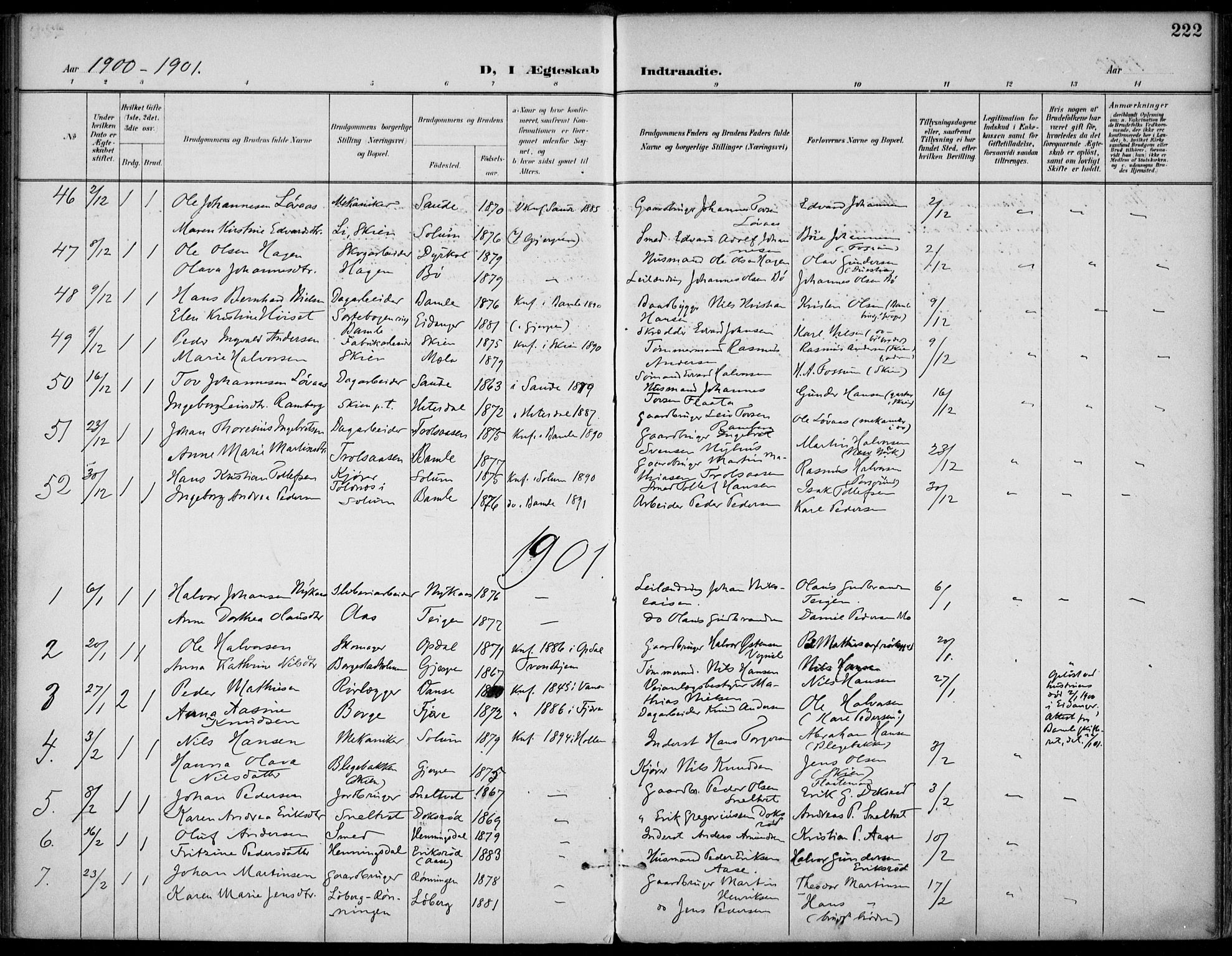 Gjerpen kirkebøker, AV/SAKO-A-265/F/Fa/L0011: Ministerialbok nr. I 11, 1896-1904, s. 222