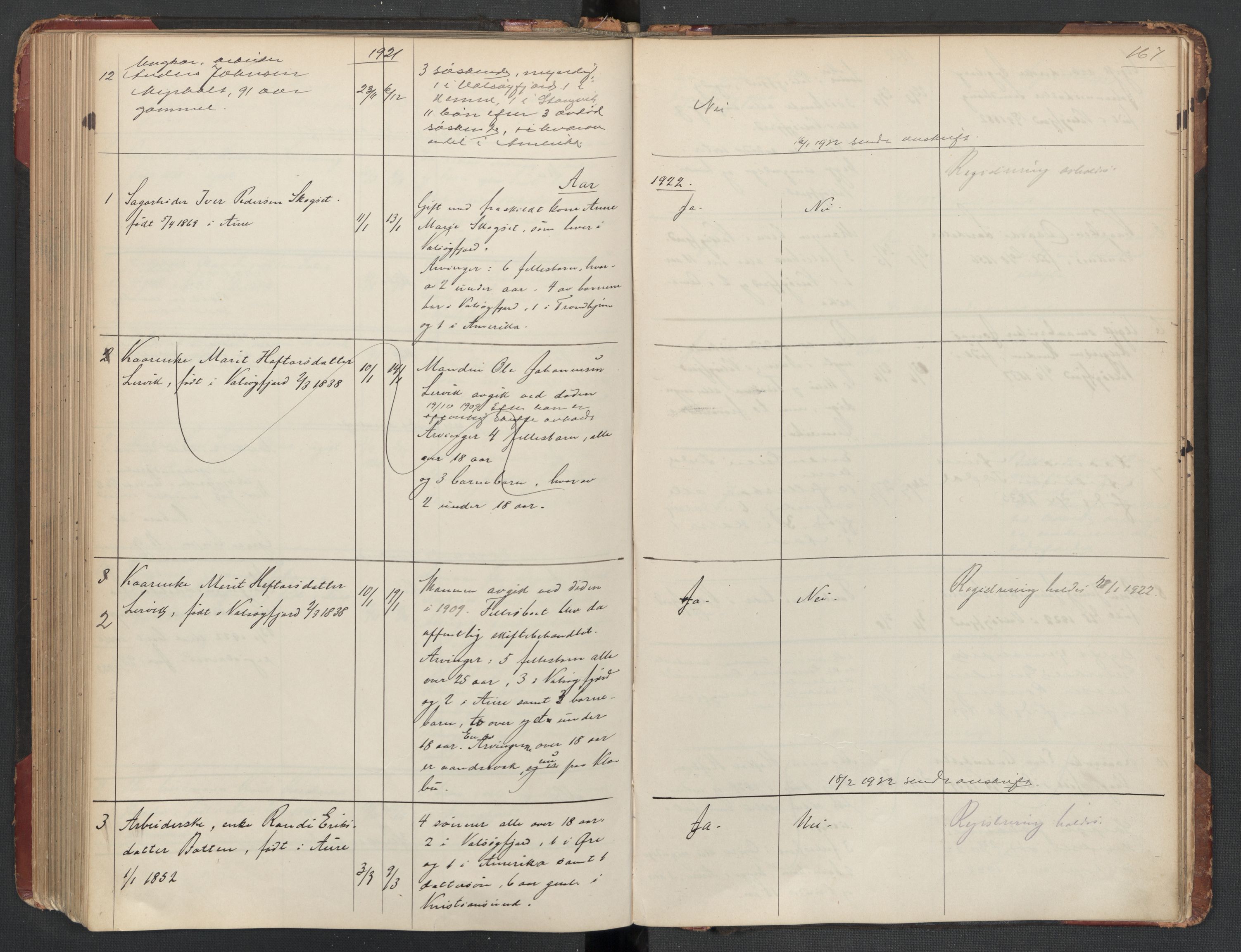 Aure lensmannskontor, AV/SAT-A-1088/1/02/L0003: 2.01.03 Dødsfallsprotokoll, 1906-1926, s. 167