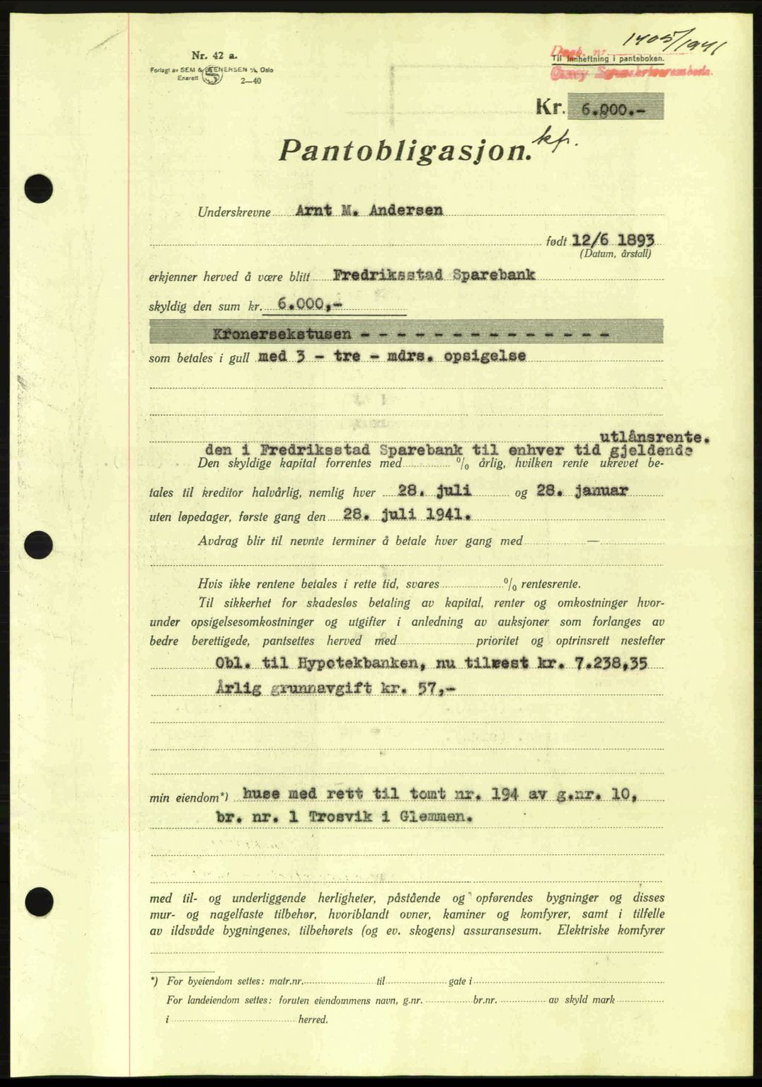 Onsøy sorenskriveri, SAO/A-10474/G/Ga/Gac/L0003: Pantebok nr. B3, 1940-1944, Dagboknr: 1405/1941