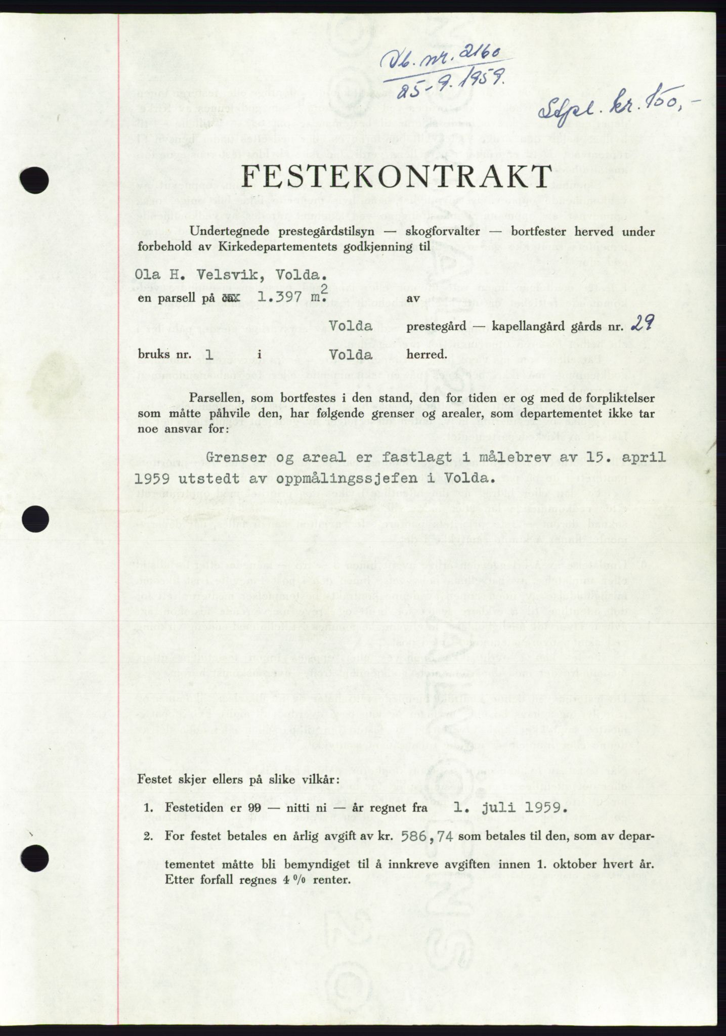 Søre Sunnmøre sorenskriveri, SAT/A-4122/1/2/2C/L0113: Pantebok nr. 39A, 1959-1959, Dagboknr: 2160/1959
