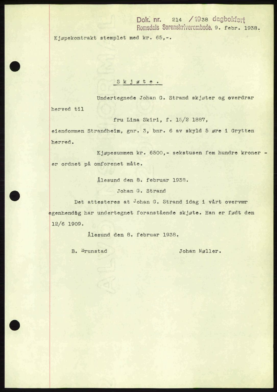 Romsdal sorenskriveri, SAT/A-4149/1/2/2C: Pantebok nr. A4, 1937-1938, Dagboknr: 214/1938