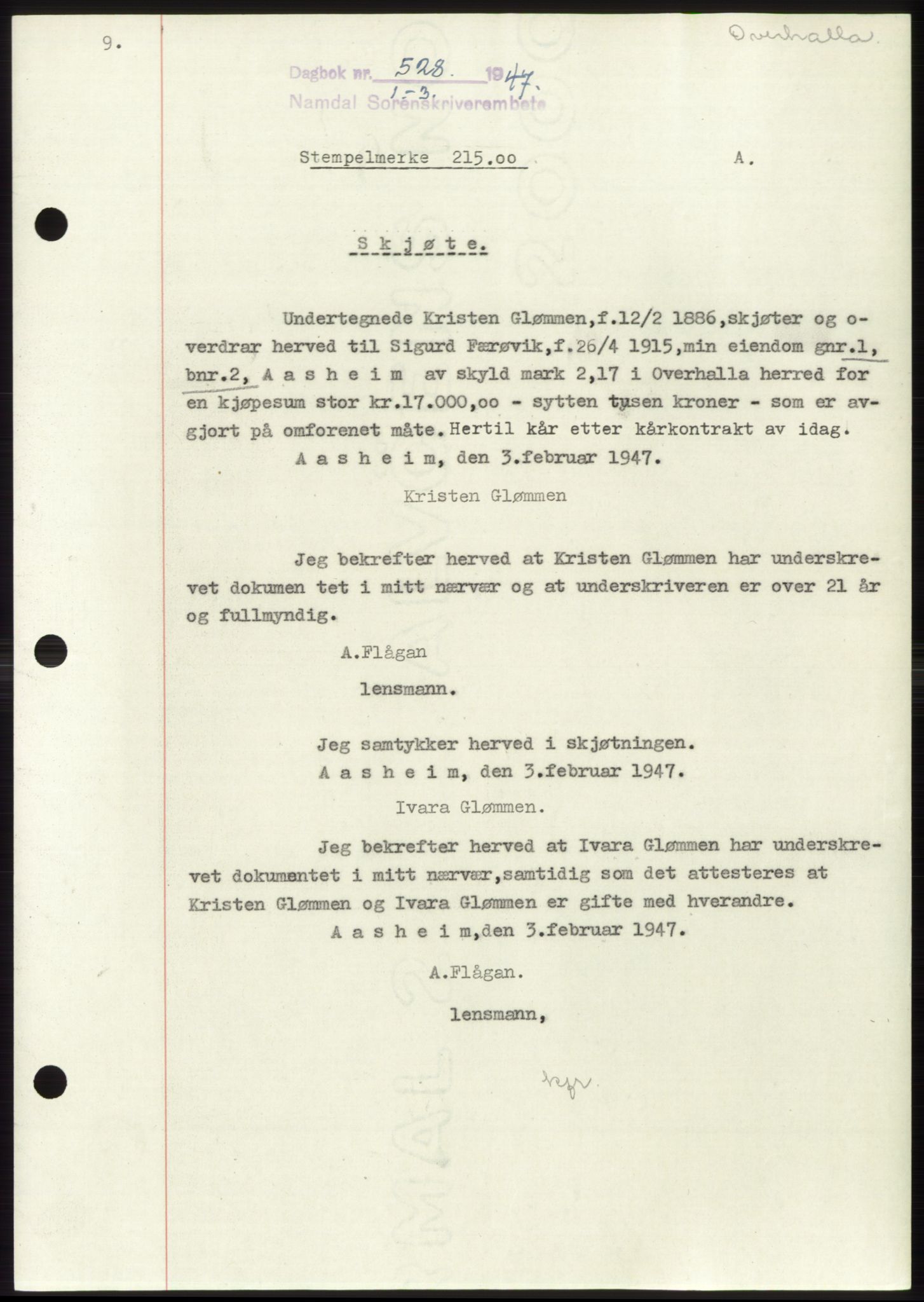 Namdal sorenskriveri, SAT/A-4133/1/2/2C: Pantebok nr. -, 1946-1947, Dagboknr: 528/1947