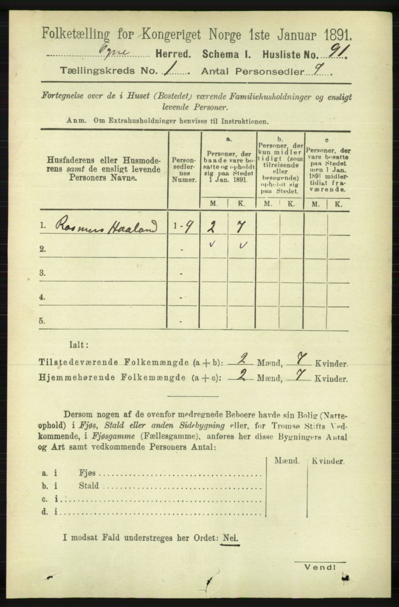 RA, Folketelling 1891 for 1117 Ogna herred, 1891, s. 101