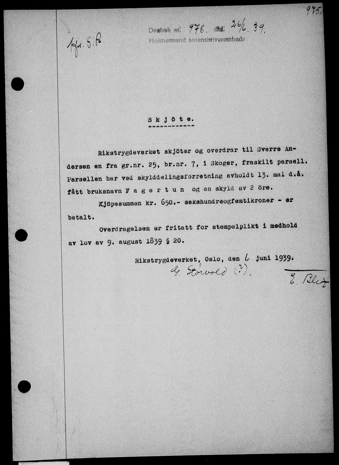 Holmestrand sorenskriveri, SAKO/A-67/G/Ga/Gaa/L0050: Pantebok nr. A-50, 1938-1939, Dagboknr: 978/1939