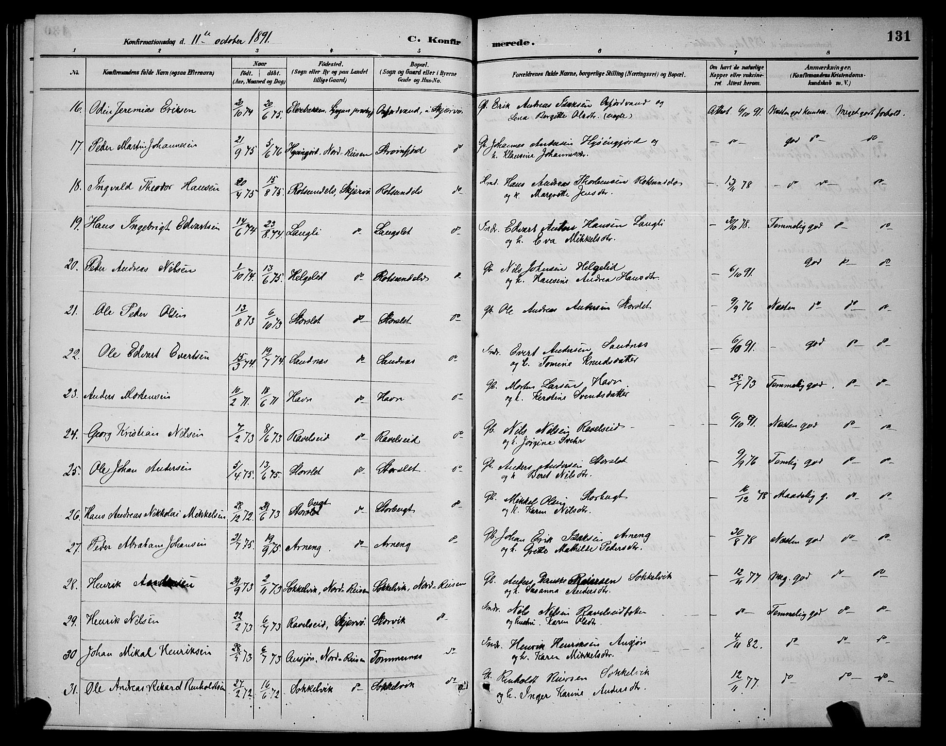 Skjervøy sokneprestkontor, AV/SATØ-S-1300/H/Ha/Hab/L0007klokker: Klokkerbok nr. 7, 1889-1899, s. 131