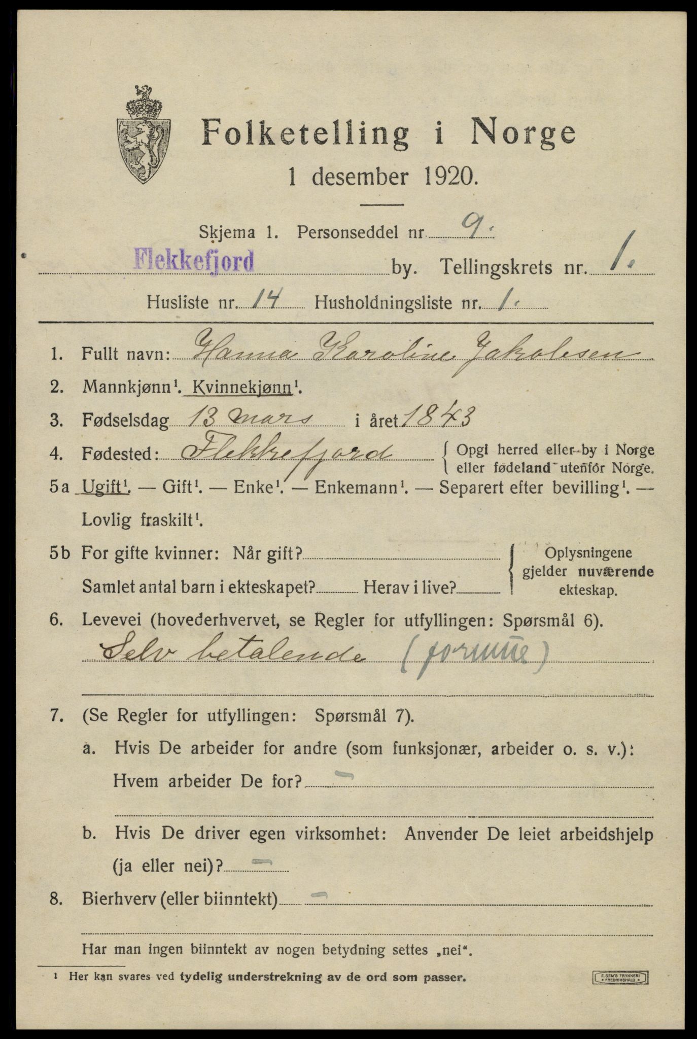 SAK, Folketelling 1920 for 1004 Flekkefjord kjøpstad, 1920, s. 2012