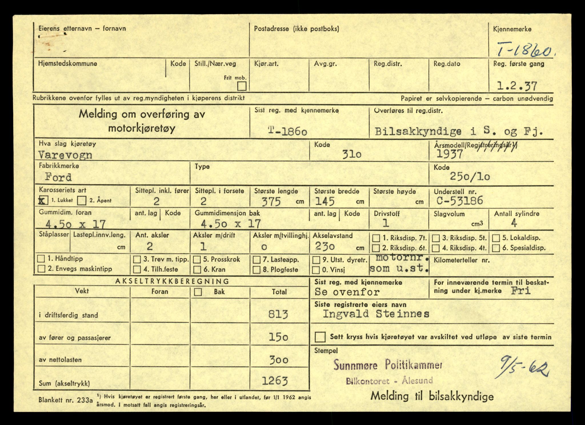 Møre og Romsdal vegkontor - Ålesund trafikkstasjon, AV/SAT-A-4099/F/Fe/L0016: Registreringskort for kjøretøy T 1851 - T 1984, 1927-1998, s. 201