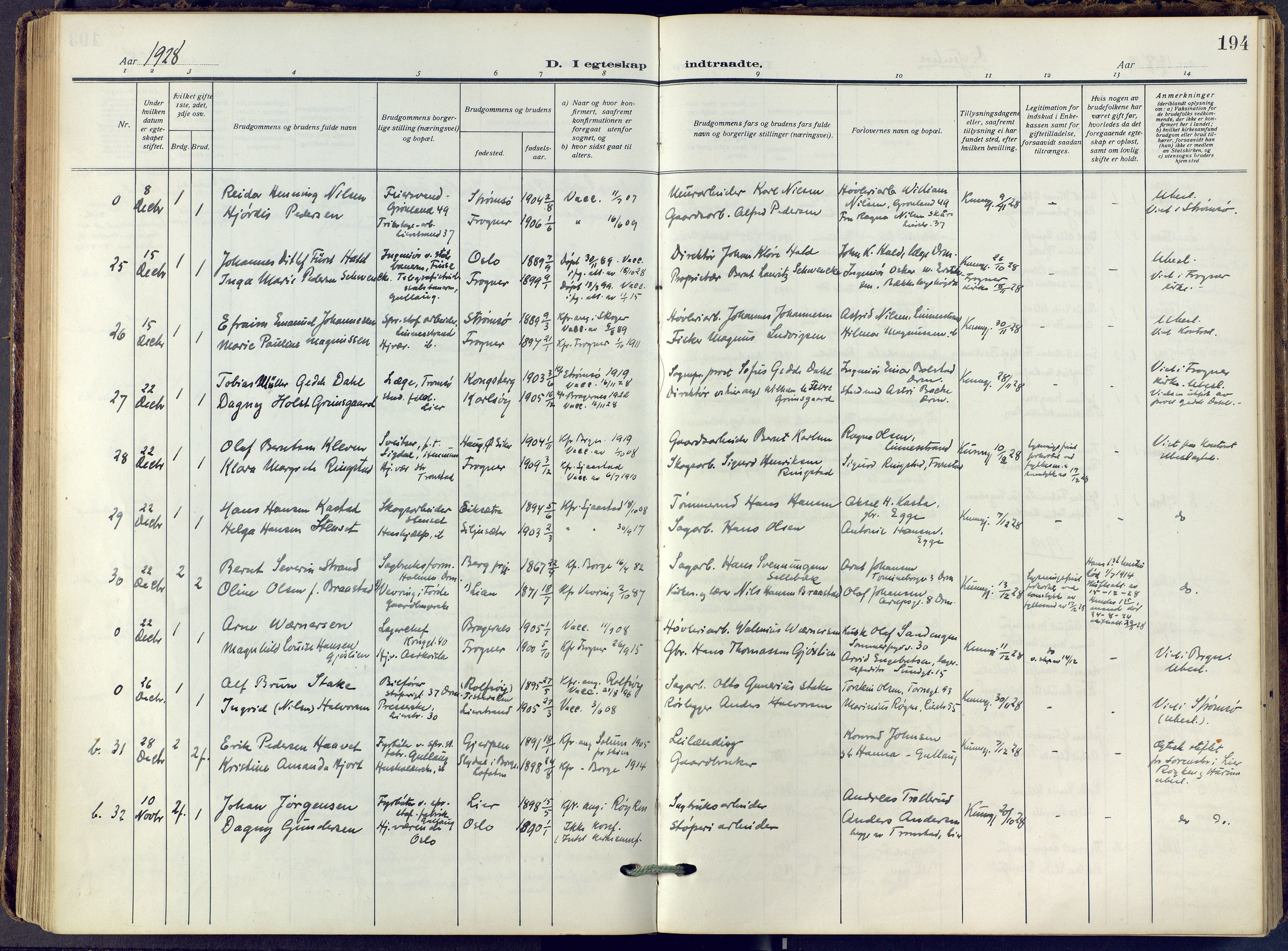 Lier kirkebøker, SAKO/A-230/F/Fa/L0019: Ministerialbok nr. I 19, 1918-1928, s. 194