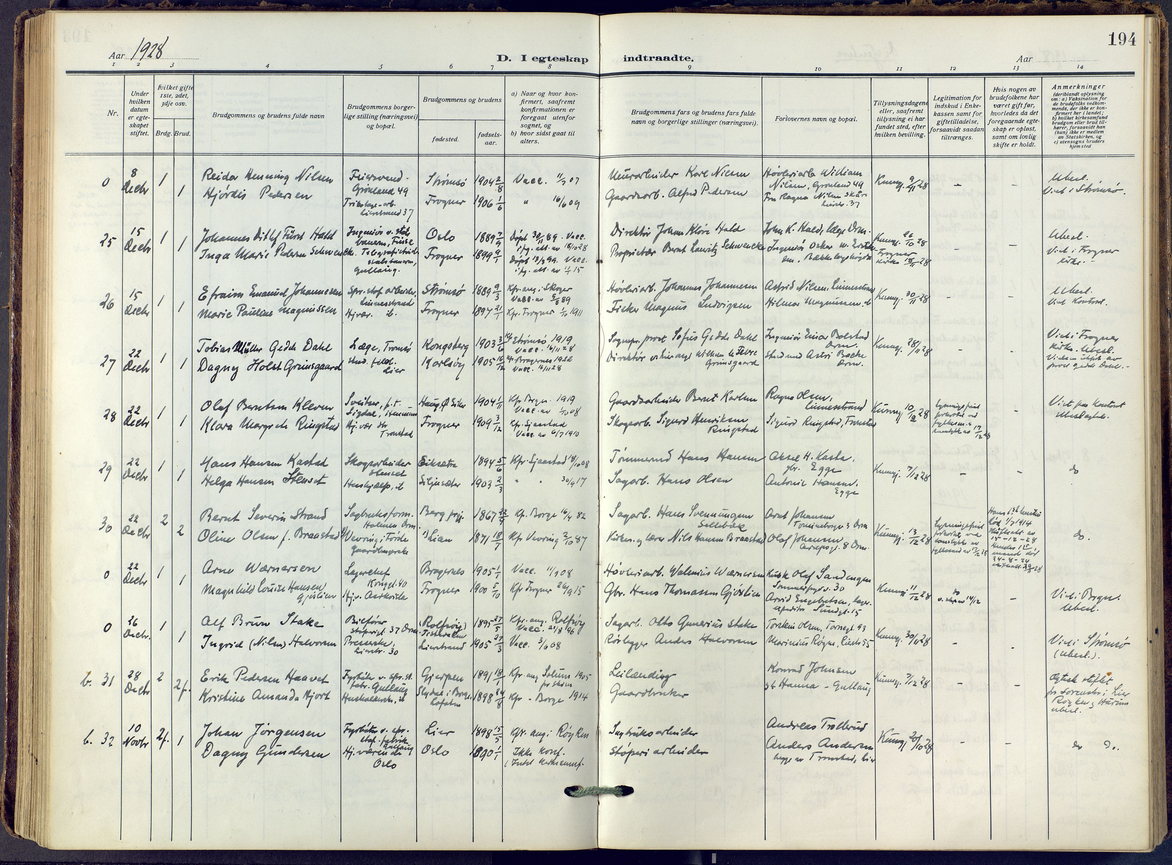 Lier kirkebøker, AV/SAKO-A-230/F/Fa/L0019: Ministerialbok nr. I 19, 1918-1928, s. 194