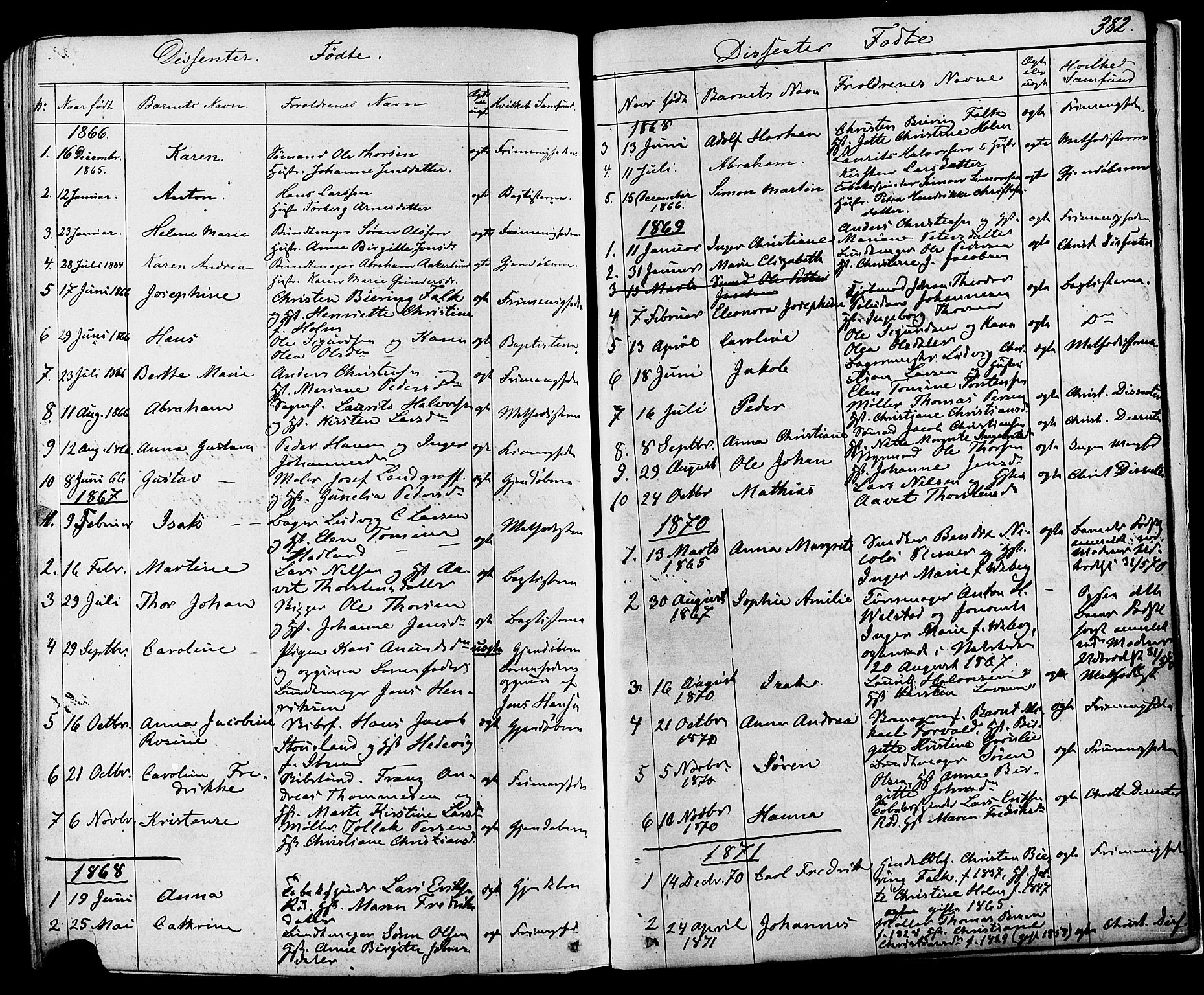 Skien kirkebøker, AV/SAKO-A-302/F/Fa/L0008: Ministerialbok nr. 8, 1866-1877, s. 382