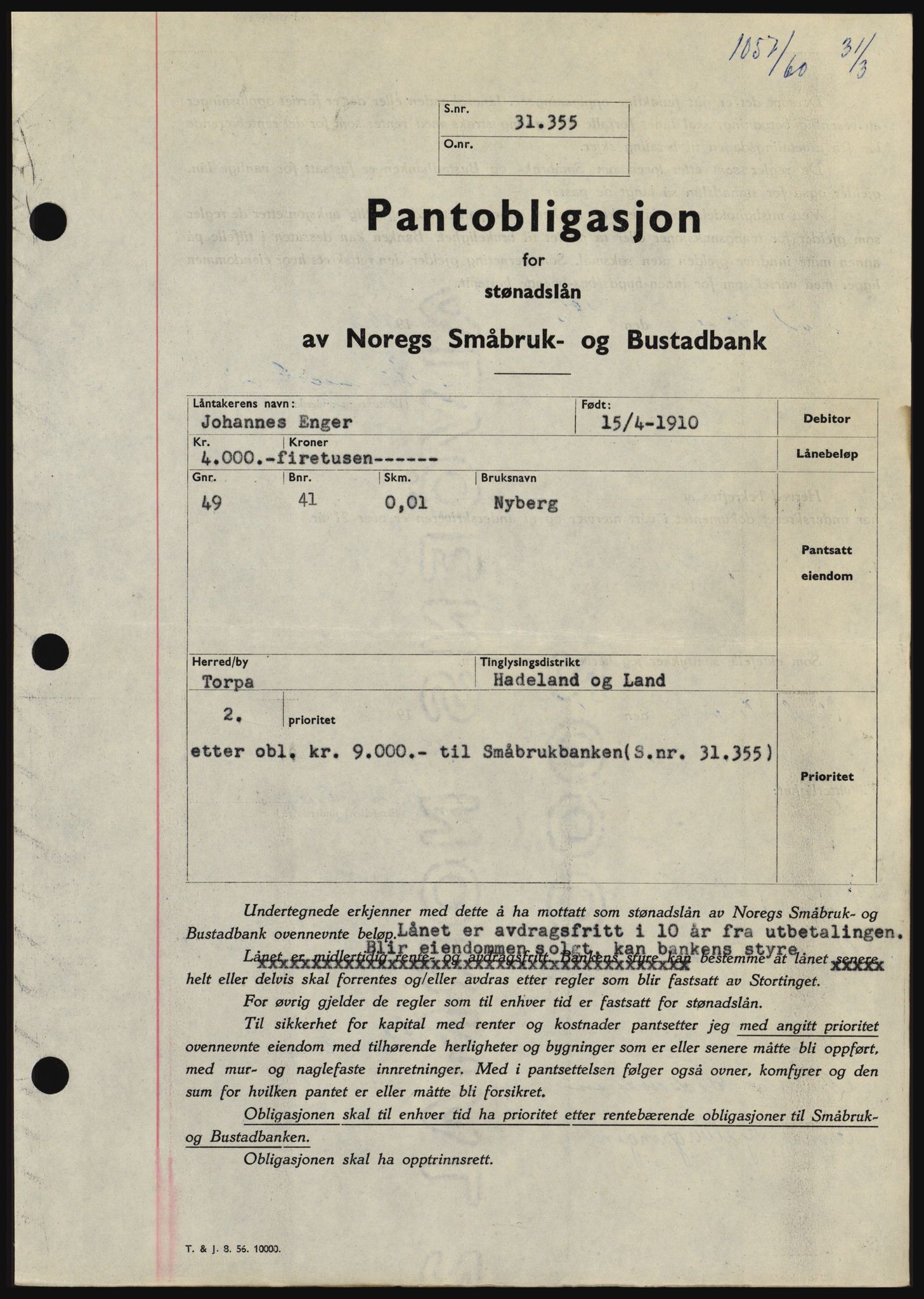 Hadeland og Land tingrett, SAH/TING-010/H/Hb/Hbc/L0042: Pantebok nr. B42, 1959-1960, Dagboknr: 1057/1960