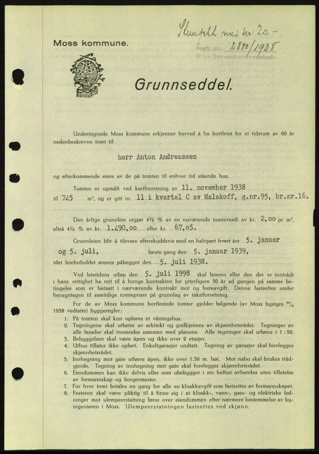 Moss sorenskriveri, SAO/A-10168: Pantebok nr. A5, 1938-1939, Dagboknr: 2880/1938